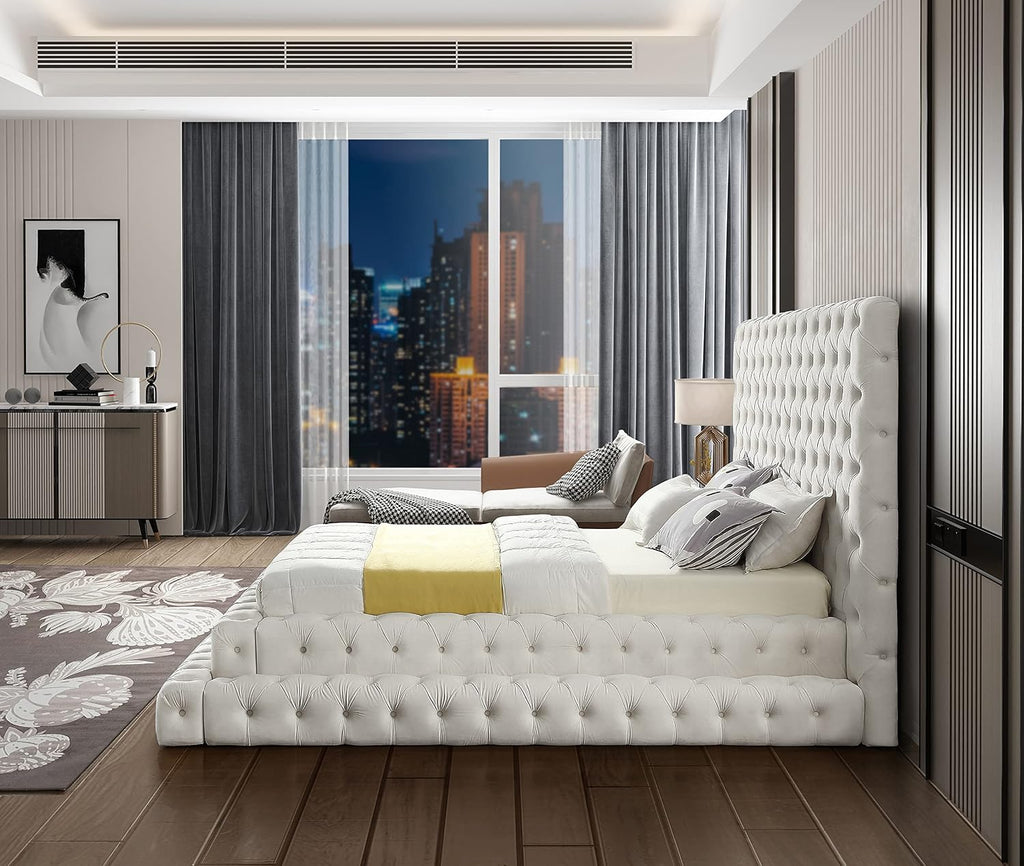 Meridian Furniture RevelCream-Q Revel Collection Modern | Contemporary Cream Velvet Upholstered Bed with Deep Button Tufting, 85' W x 98' D x 60' H, Cream, Queen
