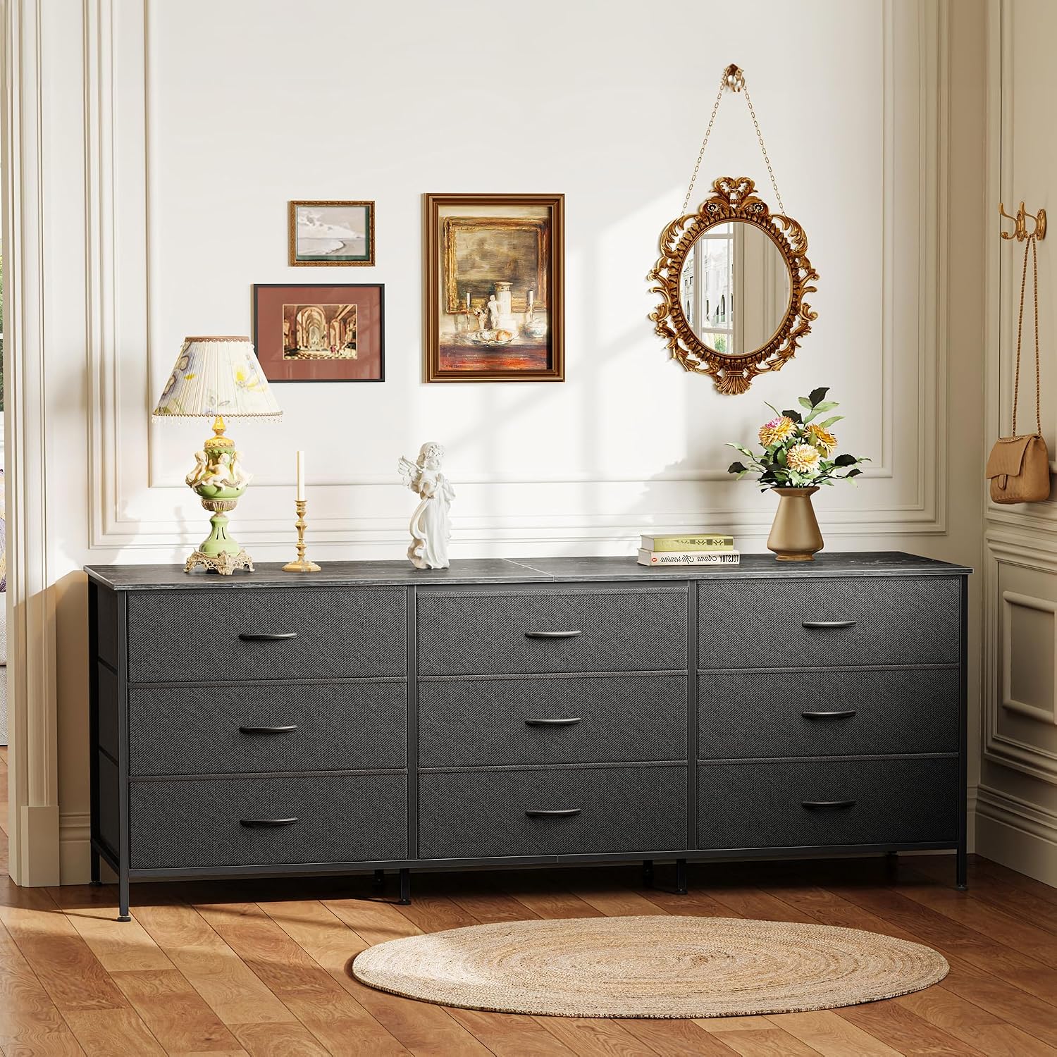 Huuger 63 Inch Dresser for Bedroom, Dresser for Closet with 9 Fabric Drawers, Large TV Stand for 55, 65, 70 Inch TV, Entertainment Center with Storage, Wide Long Chest of Drawers, Black