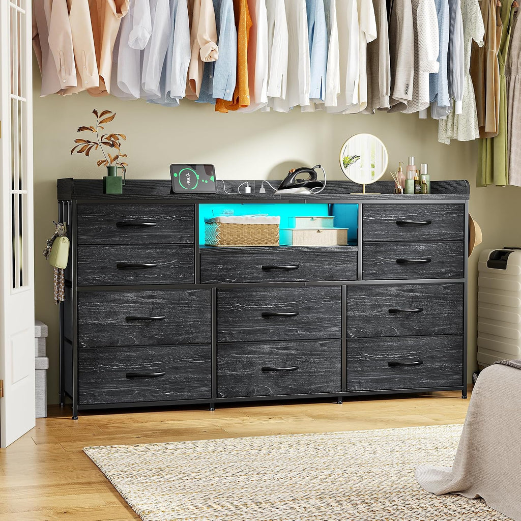 Black Dresser for Bedroom with LED Lights & Charging Station & 4 Hooks 11 Drawer Dressers & Chests of Drawers Long Fabric Dresser TV Stand for 50 55 60 inch TV for Entryway 11.8'D x 47.2'W x 31.5'H