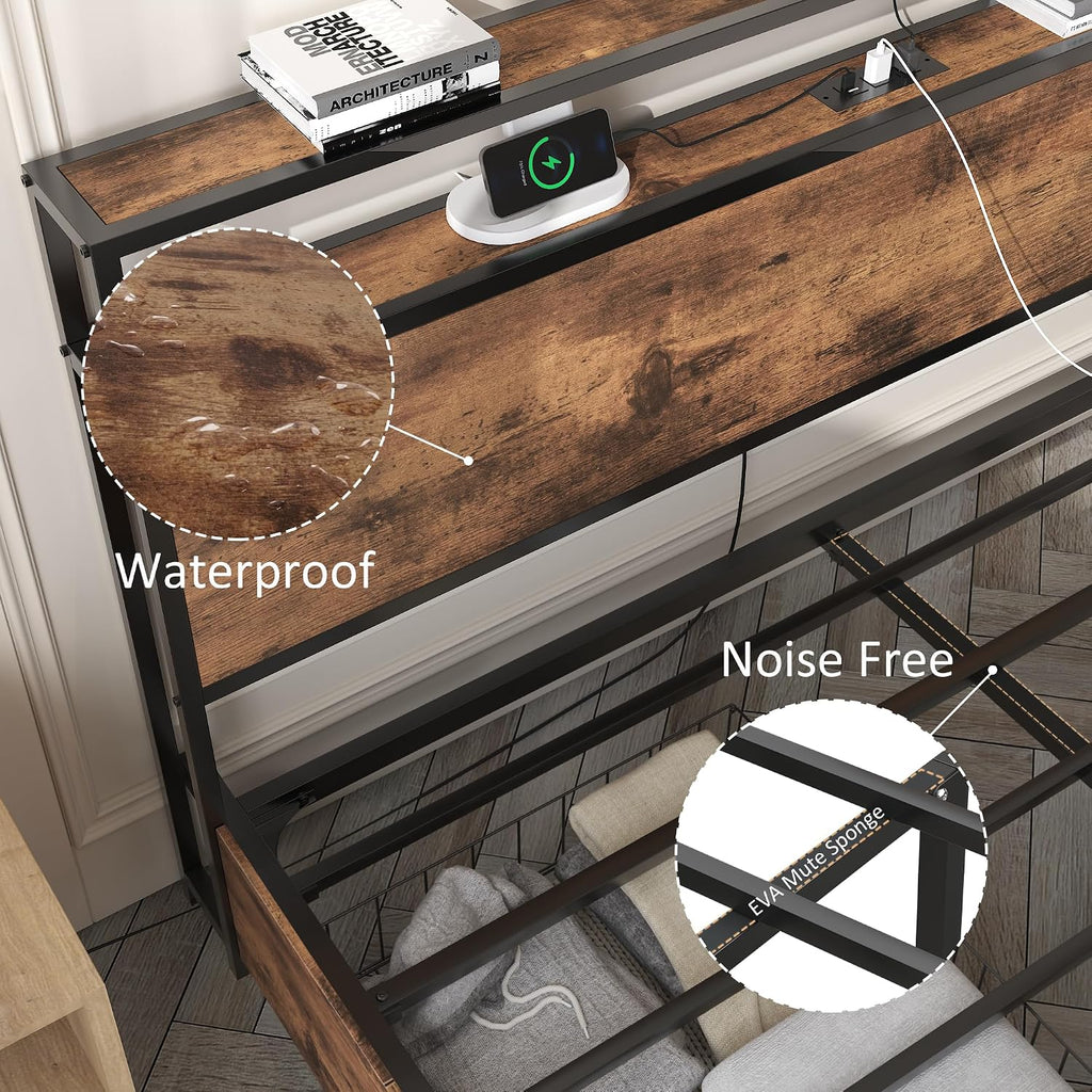 Lifezone Full Bed Frame with 2-Tier Storage Headboard, Metal Platform Bed Frame with 4 Storage Drawers, Built in Charging Station & LED, Noise-Free/Metal Support/No Box Spring Needed, Vintage Brown