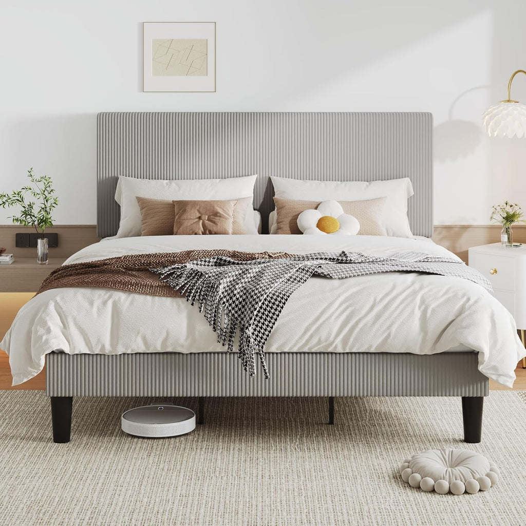 Allewie King Size Upholstered Bed Frame with Vertical Channel Tufted Headboard, Soft Corduroy Fabric Platform Bed, Strong Wooden Slats Support, Easy Assembly, No Box Spring Needed, Light Grey