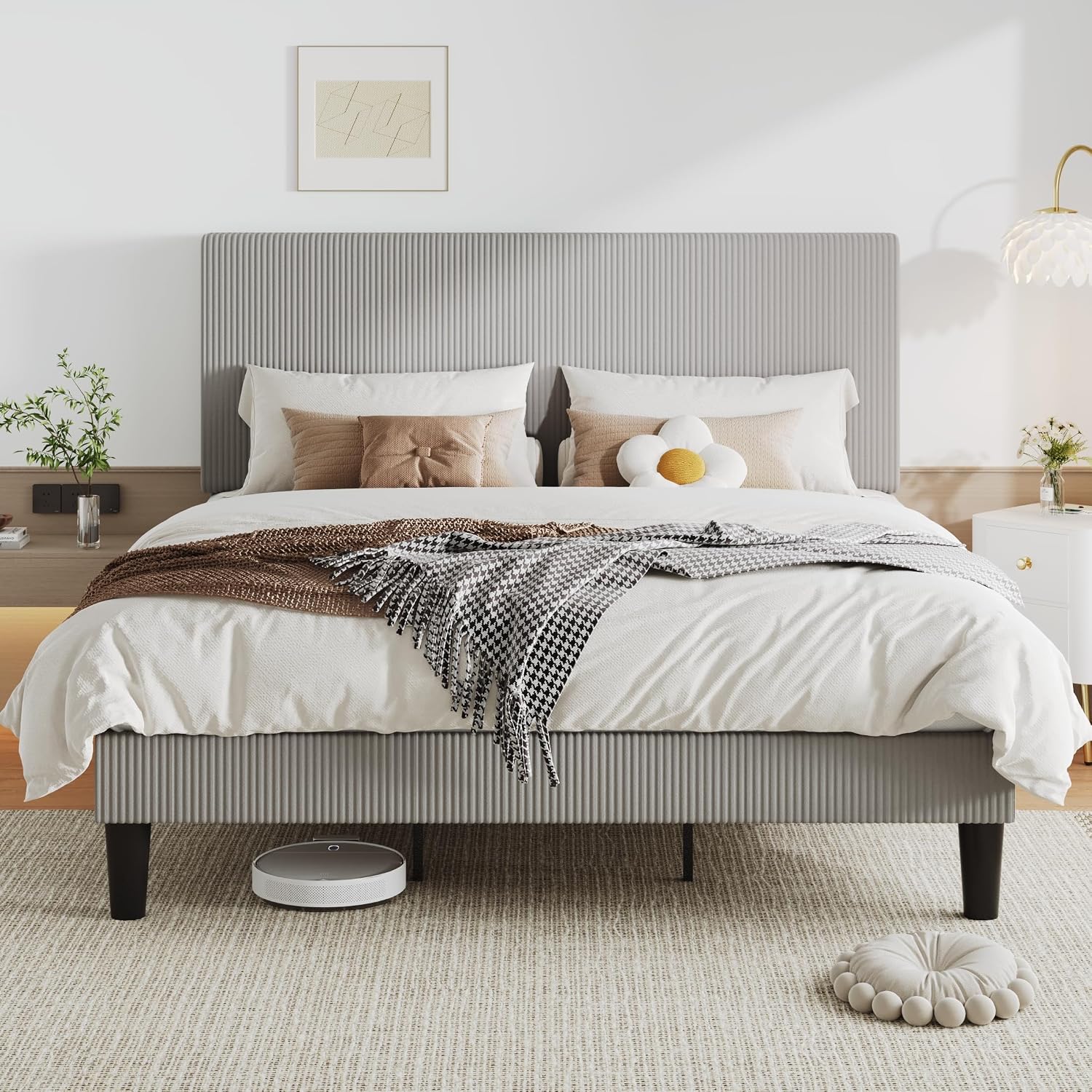 Allewie King Size Upholstered Bed Frame with Vertical Channel Tufted Headboard, Soft Corduroy Fabric Platform Bed, Strong Wooden Slats Support, Easy Assembly, No Box Spring Needed, Light Grey