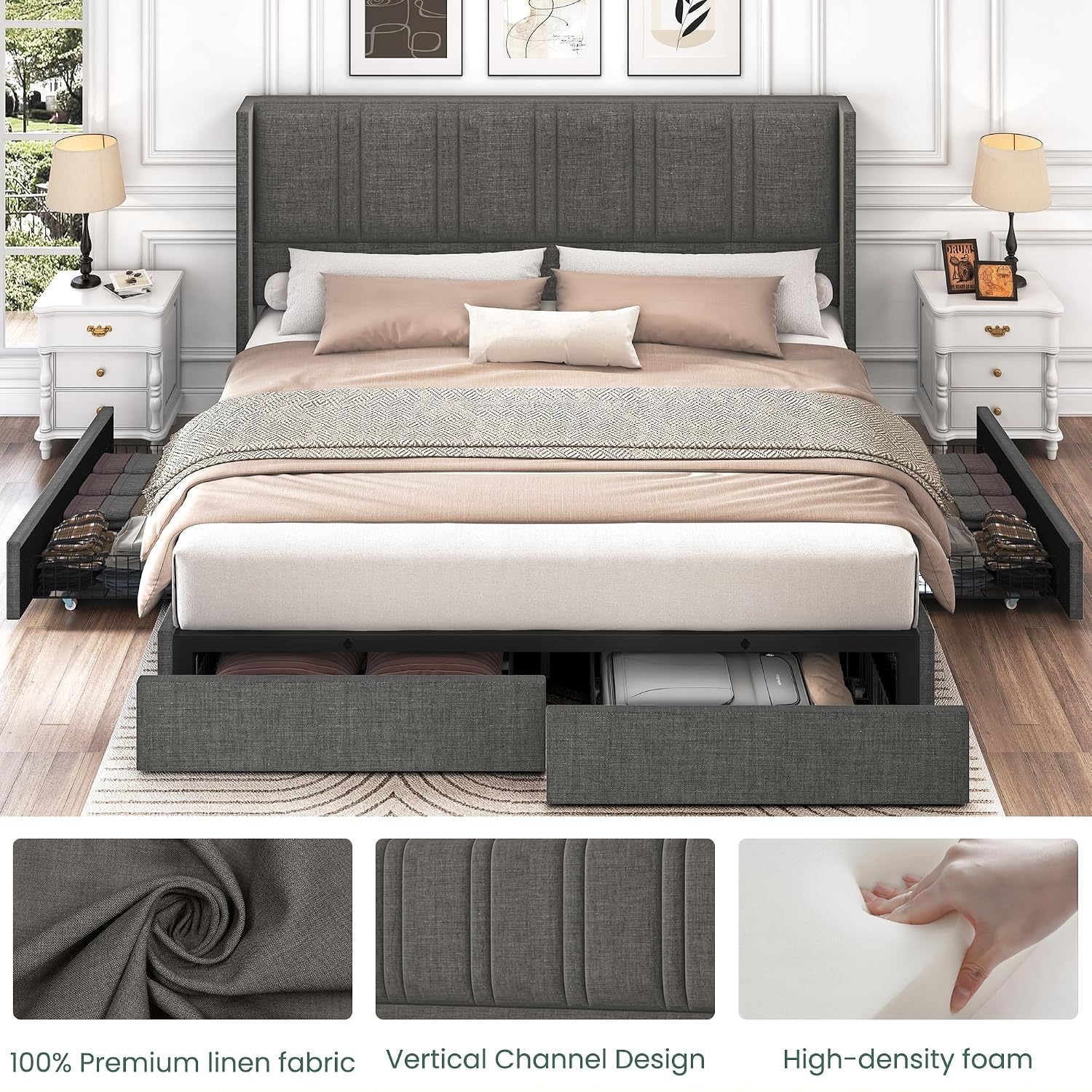 LARMACE Bed Frame Queen Size with Storage Drawers and Wingback Headboard, Linen Upholstered Platform Bed Frame with Wooden Slats, Easy Assembly, Light Grey