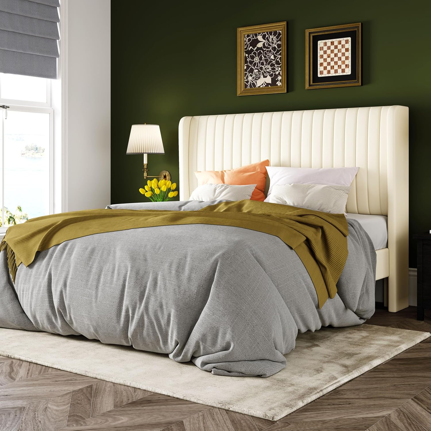 Allewie Queen Size Velvet Bed Frame/Vertical Channel Tufted Wingback Headboard/Upholstered Platform Bed/Strong Wooden Slats/No Box Spring Needed/Easy Assembly/Cream White