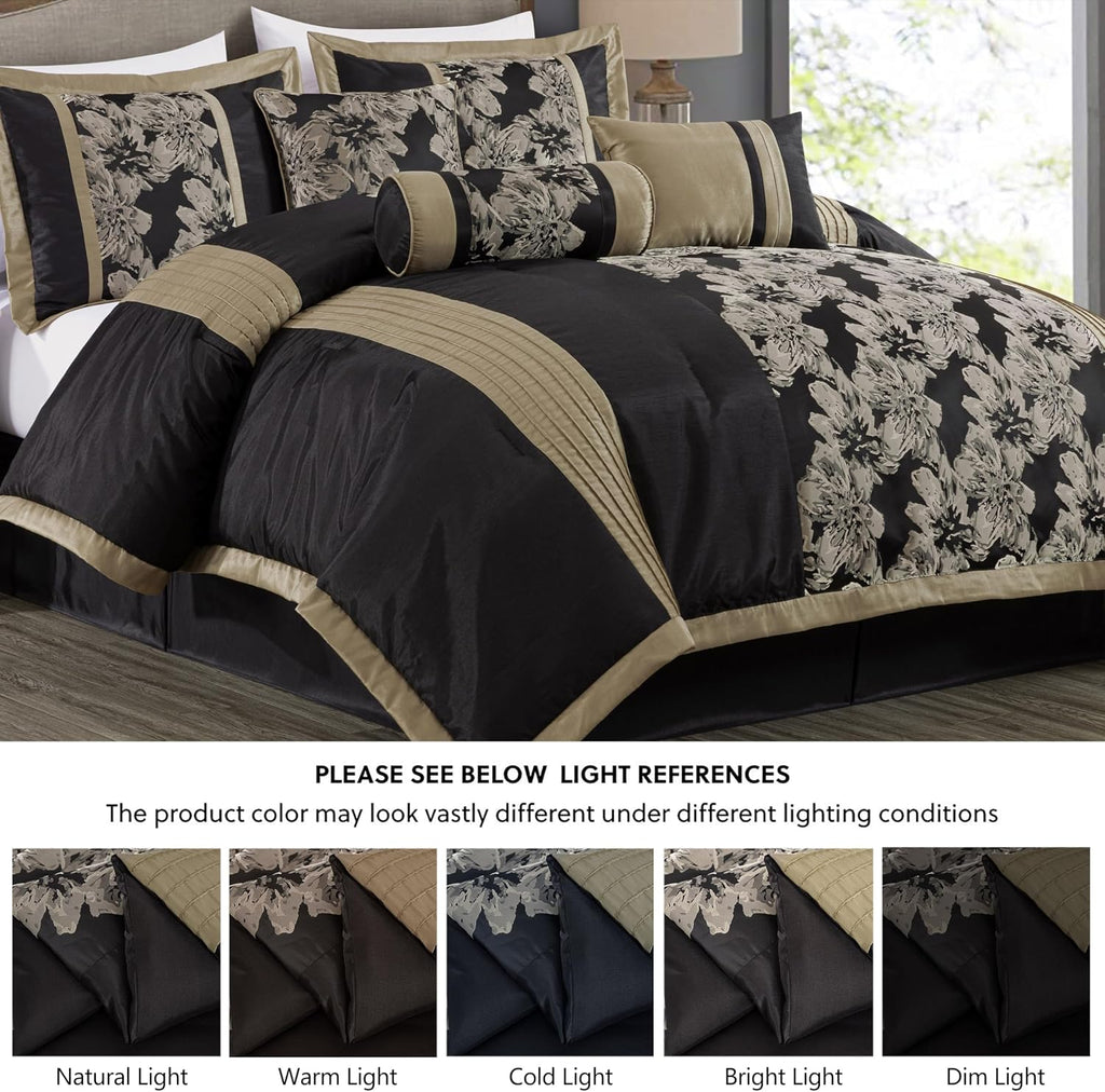 Chezmoi Collection Kelsey Comforter Set King Size, 7-Piece Black Gold Hibiscus Floral Jacquard Bedding Set