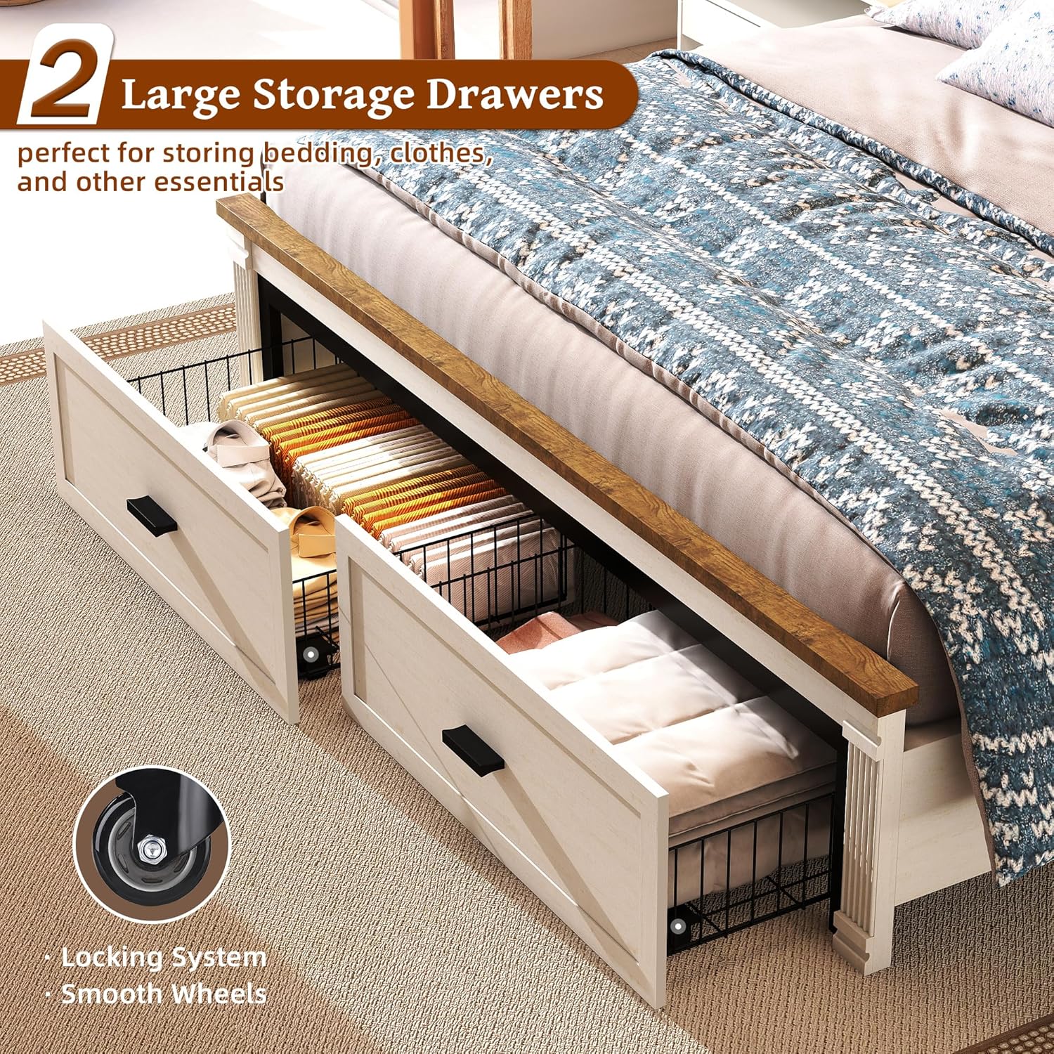 King Size Bed Frame with 53' Tall Headboard, Farmhouse Platform Bed Frame with Roman Column Decoration Footboard & 2 Storage Drawers, LED Built in Charging Station, No Box Spring Needed（Rust White)
