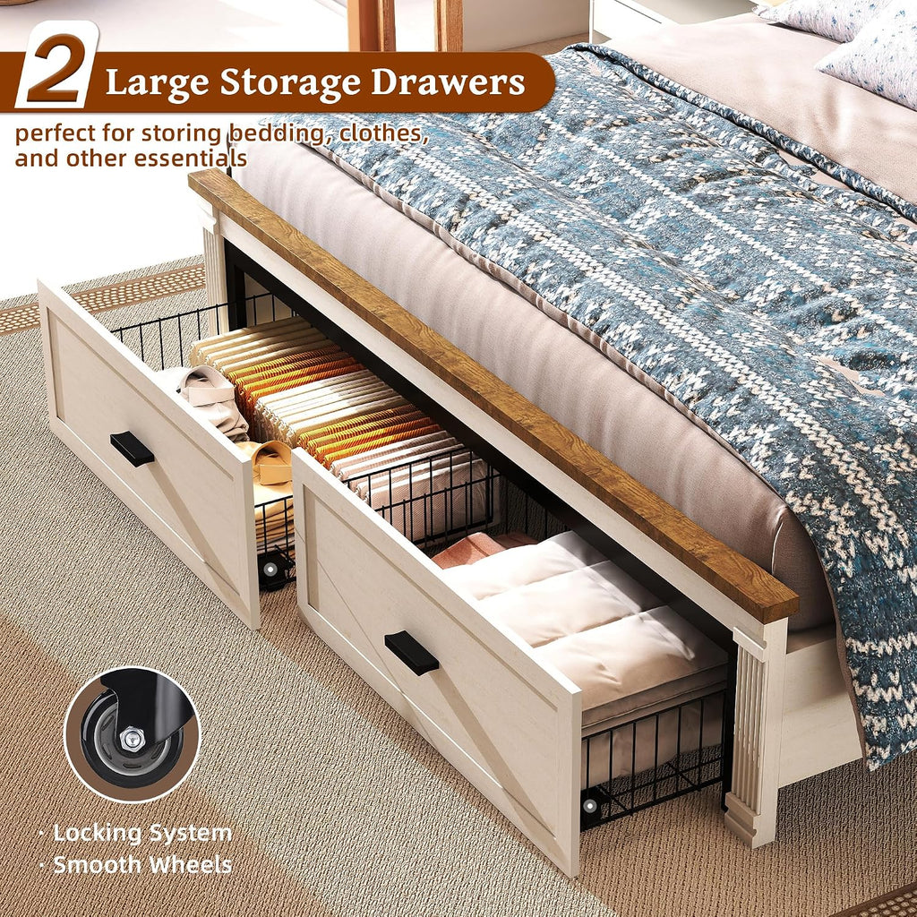 Queen Size Bed Frame with 2 Storage Drawers, 53' Tall Headboard Farmhouse Platform Bed Frame with Roman Column Decoration Footboard, LED Built in Charging Station, No Box Spring Needed（Rust White)
