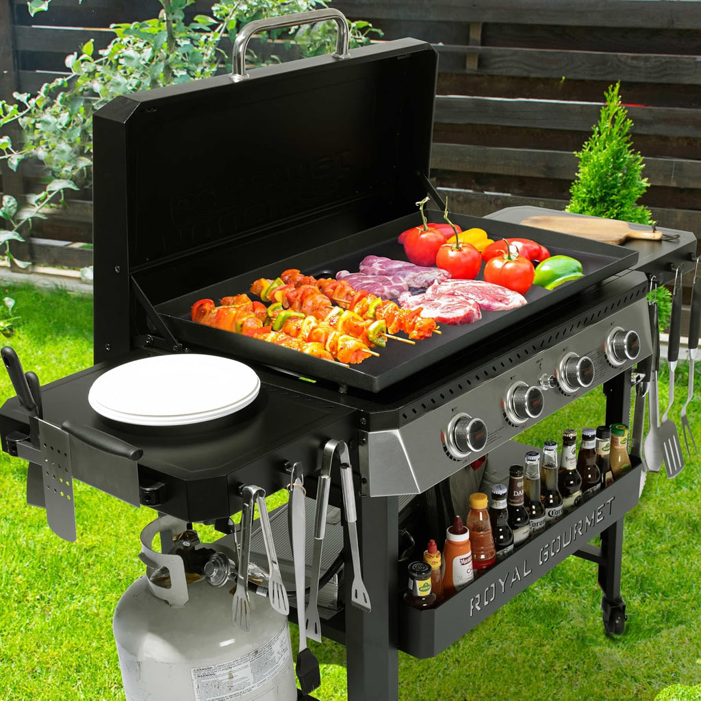 Royal Gourmet GB4007P 4 Burner Propane Gas Griddle with Hood, 34-Inch Flat Top Grill with Folding Side Tables for Outdoor Cooking like Camping or Tailgating, Black & Silver