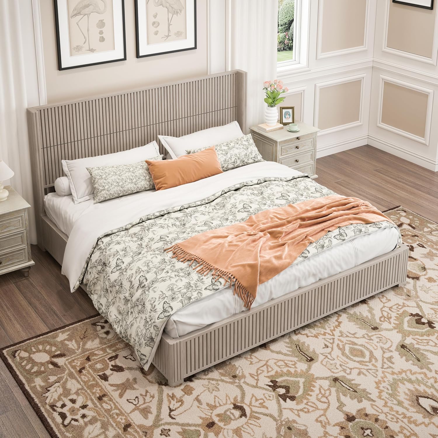 Ball & Cast Fluted King Bed Frame with Wingback Headboard,Solid Wood Platform Bed Frame King Size with Wood Slats, No Box Spring Needed, Easy Assembly,Beige