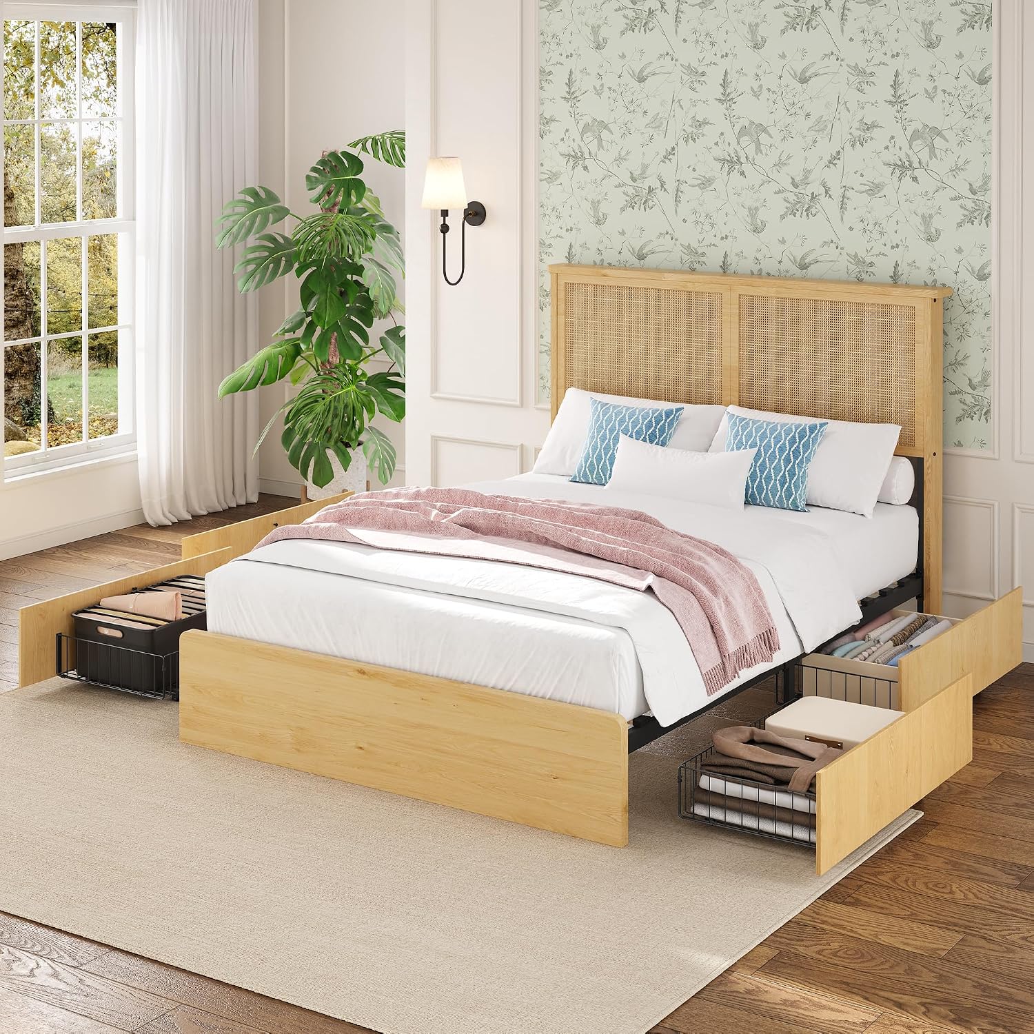 coucheta Rattan Bed Frame Full with Natural Rattan Headboard,Full Bed Frame with LED Lights,Rattan Full Bed Frame with Headboard, Wood Foundation with Silent Slats,No Box Spring Needed