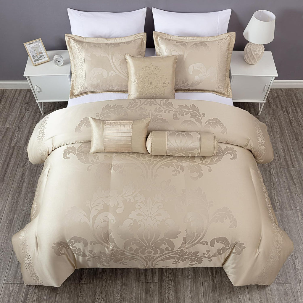Chezmoi Collection Royale 7-Piece Jacquard Floral Comforter Set, Oversized Queen, Champagne