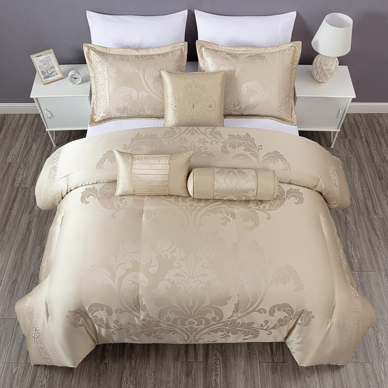 Chezmoi Collection Royale 7-Piece Jacquard Floral Comforter Set, Oversized King, Champagne