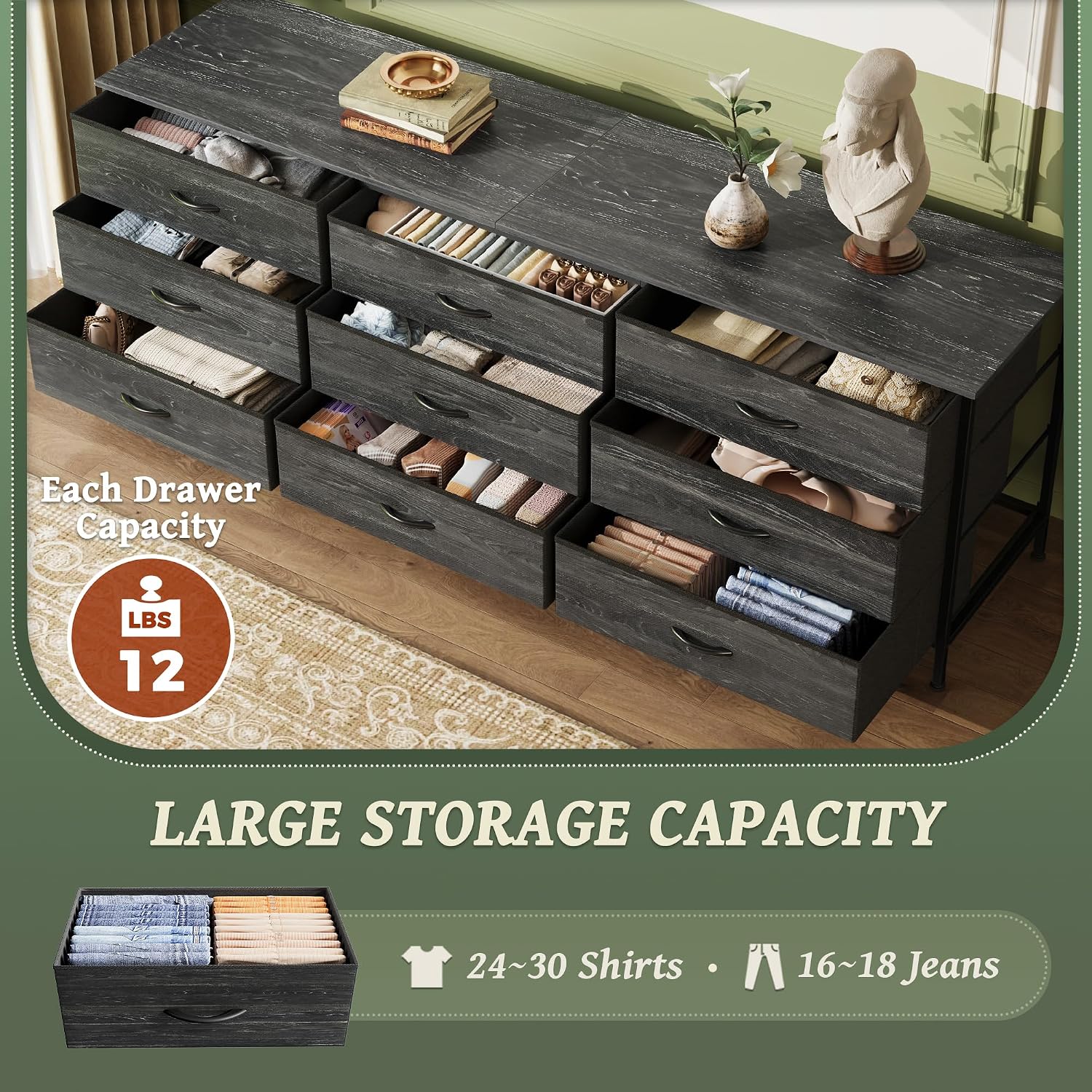 Huuger 63 Inch Dresser for Bedroom, Dresser for Closet with 9 Fabric Drawers, Large TV Stand for 55, 65, 70 Inch TV, Entertainment Center, Wide Long Chest of Drawers, Charcoal Black Wood Grain Print