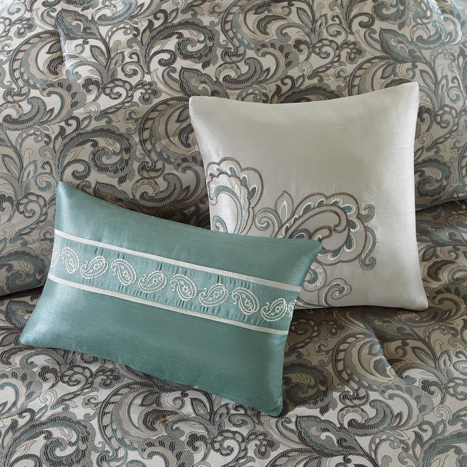 Madison Park 24 Piece Faux Silk Paisley Queen Comforter Set with Matching Curtains, Down Alternative Hypoallergenic - Teal, Queen (90 in x 90 in)