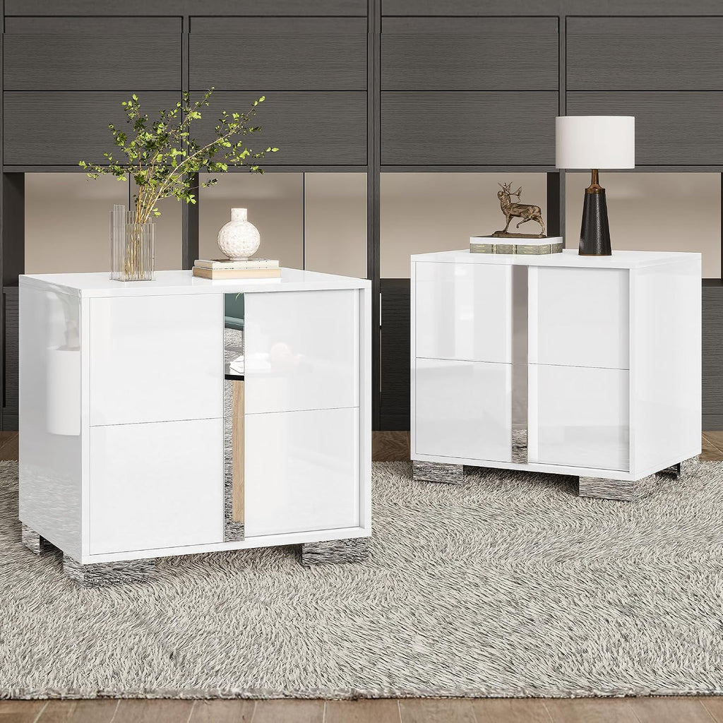 AMERLIFE Nightstand Set of 2, 23.6'' Modern End Table with Drawers, High Gloss UV Finish, Electroplated Pull Handle, Bedside Table for Bedroom, White