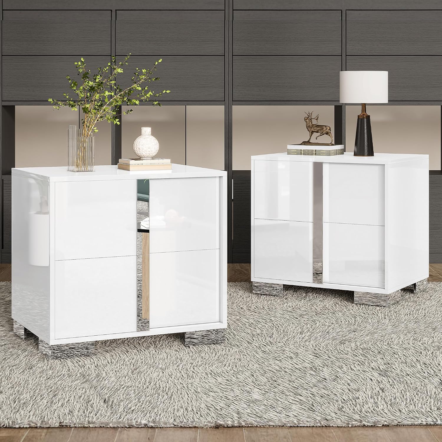 AMERLIFE Nightstand Set of 2, 23.6'' Modern End Table with Drawers, High Gloss UV Finish, Electroplated Pull Handle, Bedside Table for Bedroom, White