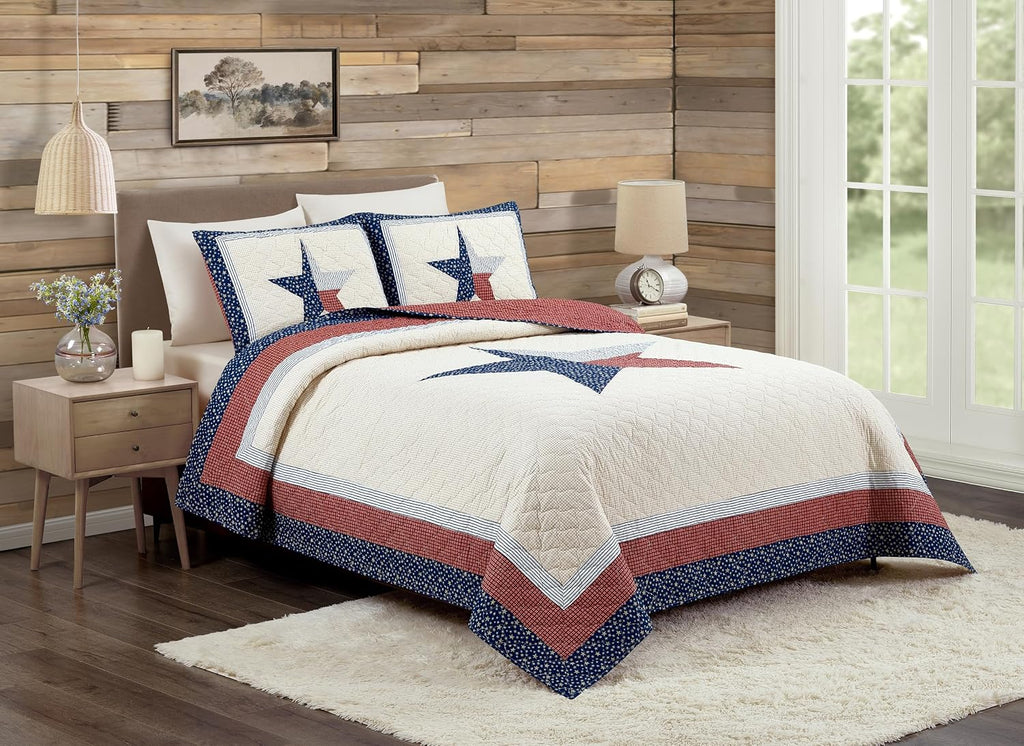 Lone Star 3-Piece 100% Cotton Quilt and Pillow Sham Set, Americana Vintage-Inspired Coverlet Quilt Set - King Size, Red/Blue/Cream