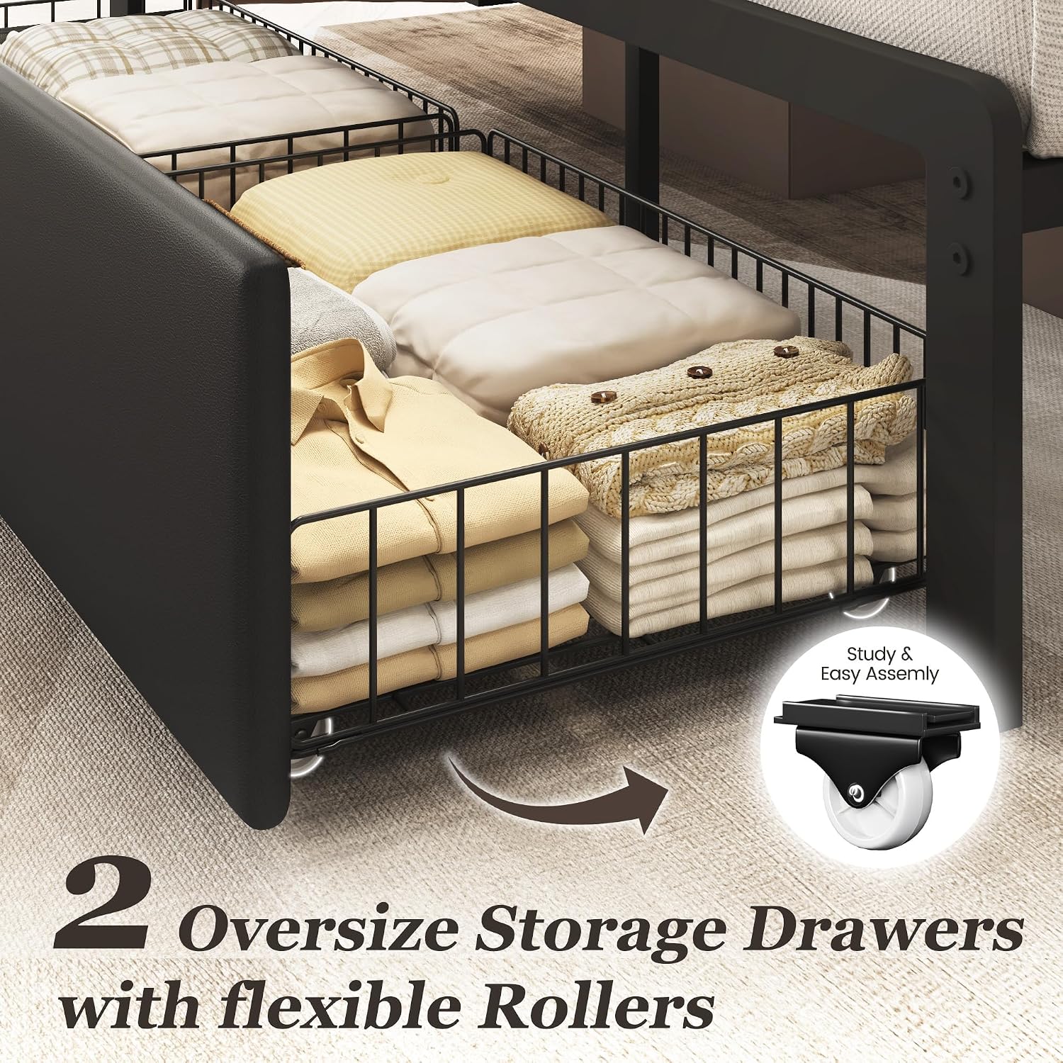 Fluest Queen Bed Frame with 2 Storage Drawers, Upholstered Headboard Button Tufted Bed Frame with Charging Station, No Box Spring Needed, Noise-Free, All Metal Structure, Black