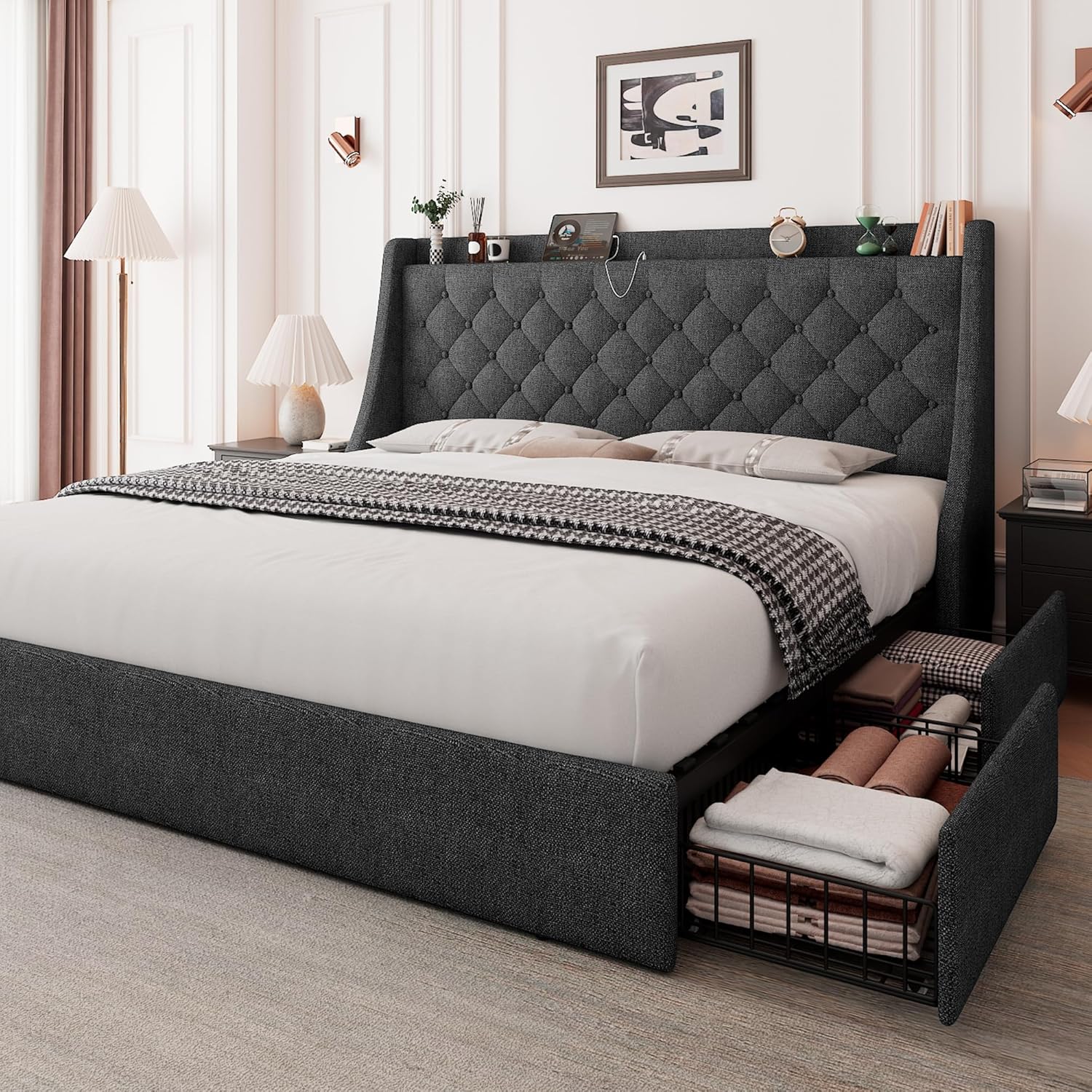 Feonase Upholstered Full Size Bed Frame with 4 Storage Drawers, Charging Station, Tufted Wingback Storage Headboard, No Box Spring Needed, Easy Assembly, Dark Grey
