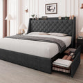 Feonase King Size Bed Frame with 4 Storage Drawers, Upholstered Storage Bed with Charging Station, Tufted Wingback Headboard, No Box Spring Needed, Dark Grey