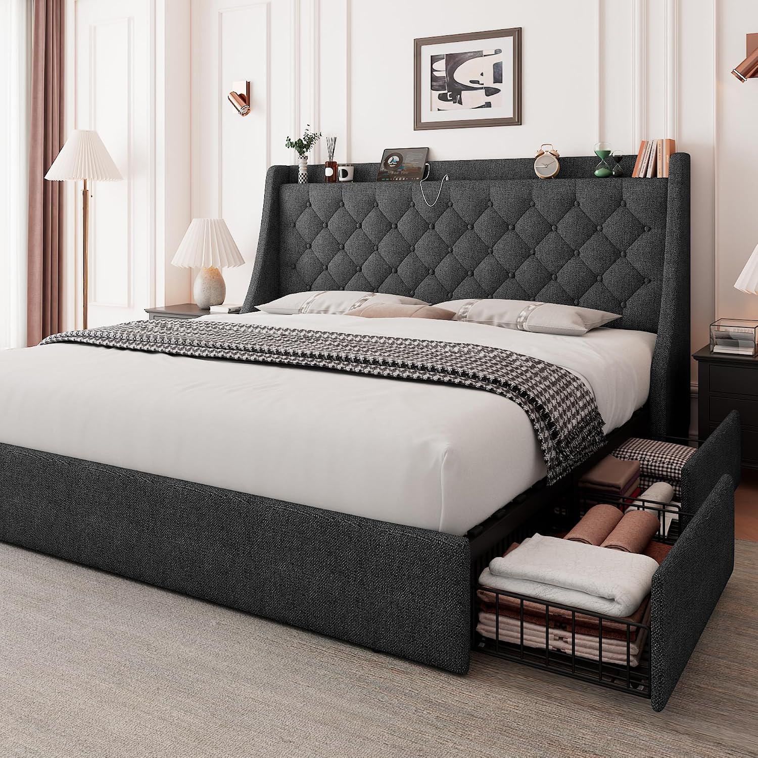 Feonase King Size Bed Frame with 4 Storage Drawers, Upholstered Storage Bed with Charging Station, Tufted Wingback Headboard, No Box Spring Needed, Dark Grey