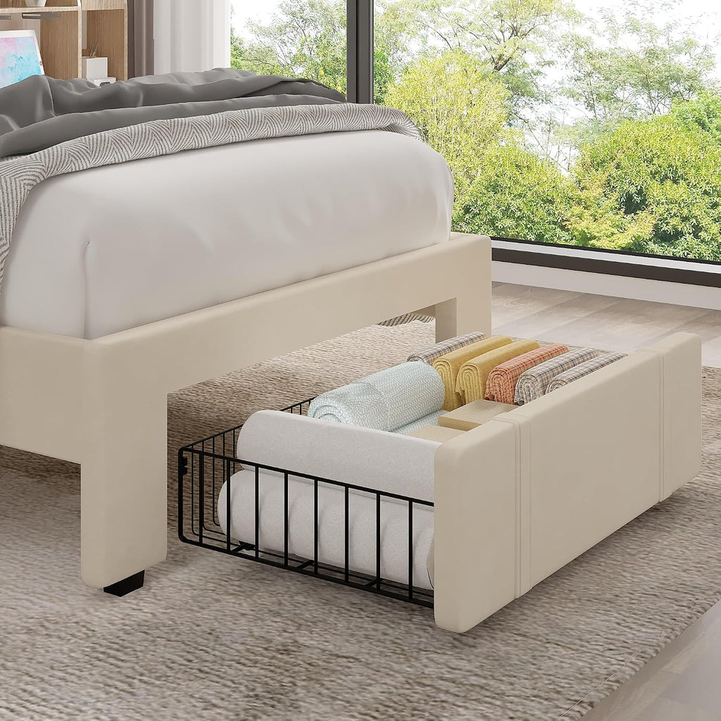 VECELO Twin Size Upholstered Bed Frame with Drawer and Headboard, Velvet Platform Storage Bedframe, Wooden Slats Support, No Box Spring Needed,Bone Beige