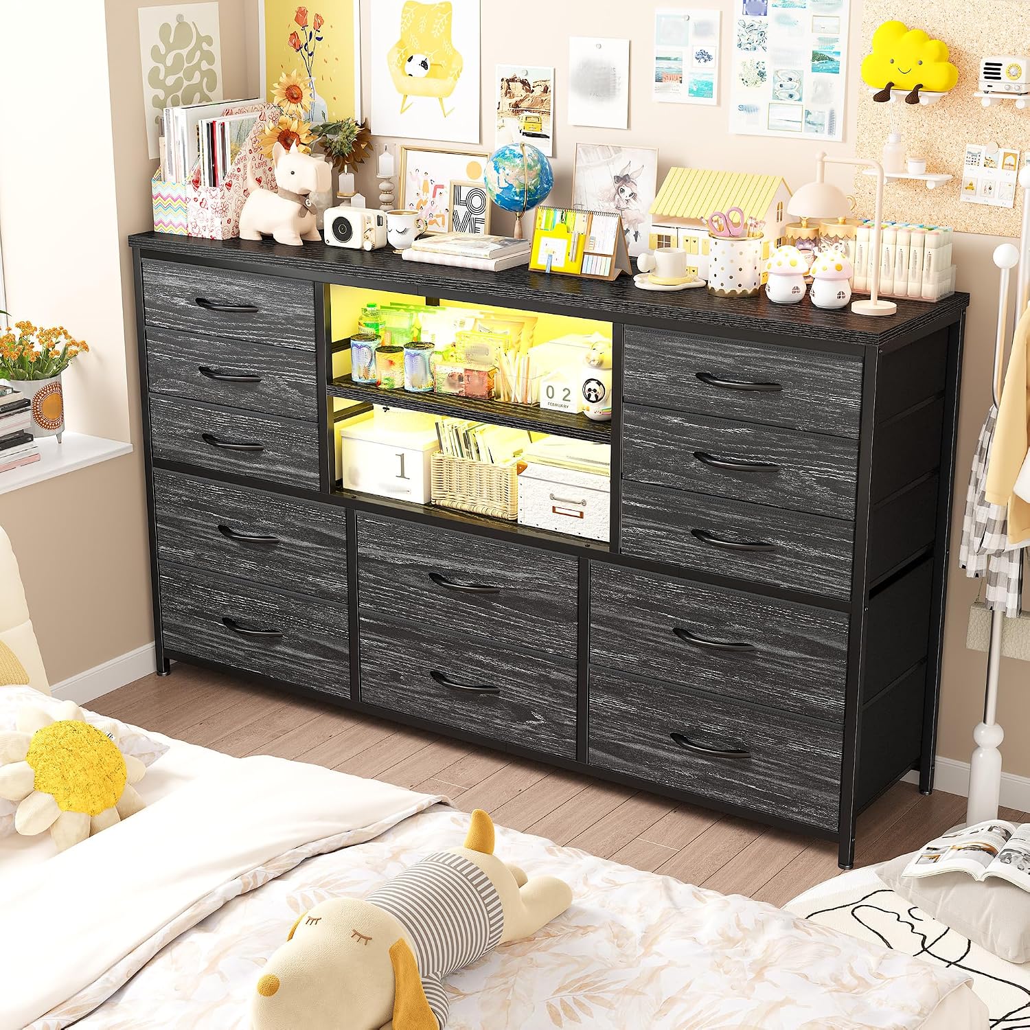 EnHomee 12 Drawers Dresser for Bedroom with LED Lights &Charging Station, TV Stand for 55/60'' TV, Fabric Dressers & Chests of Drawers with 3 Wooden Shelves for Hallway,Sturdy,Grain Black
