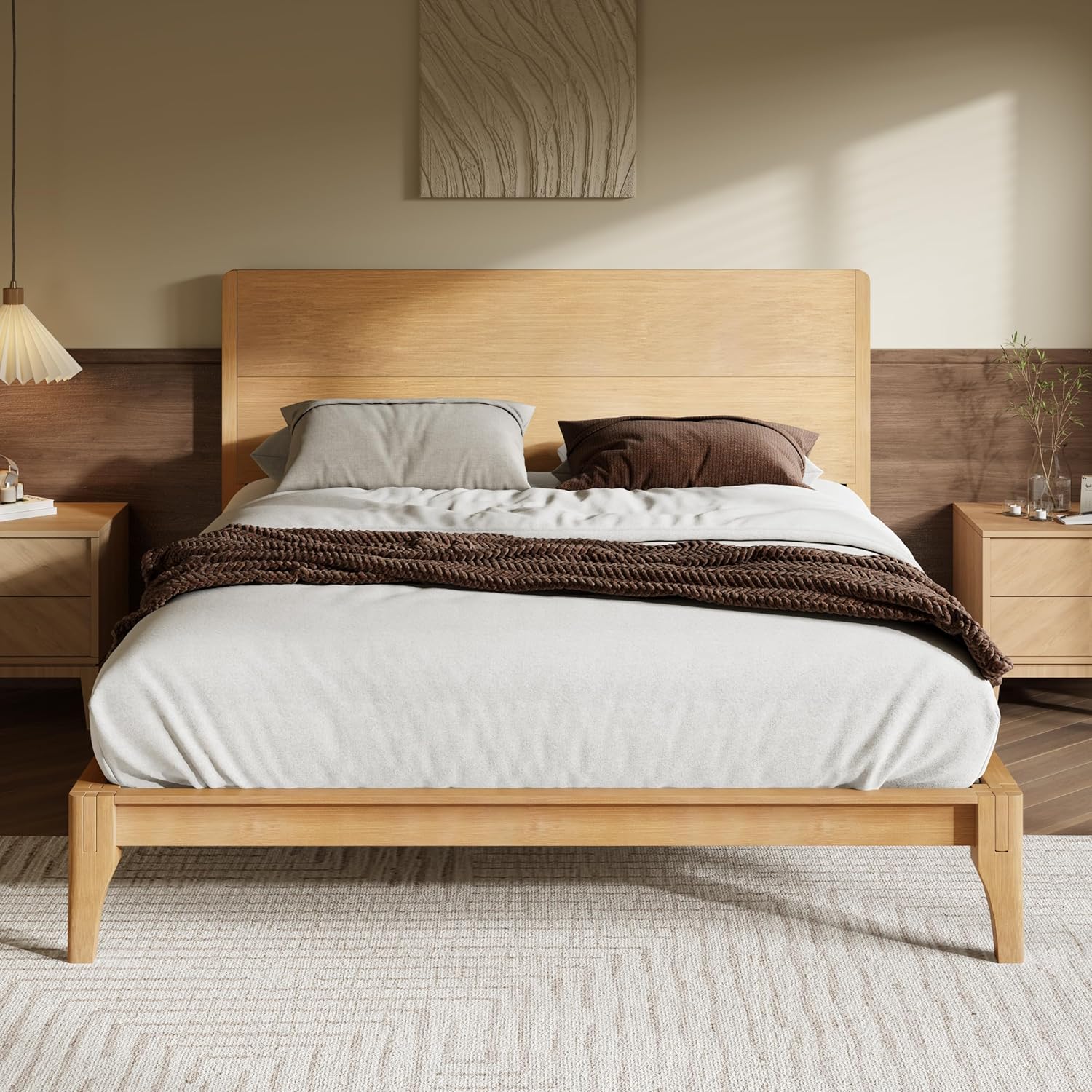Merax 3 Pieces Bamboo Bedroom Sets, Mid-Century Modern King Size Platform Bed with Tall Headboard, Storage Drawer Night Stands Set, Wood Slats Support, No Box Spring Needed, Easy Assembly, Natural