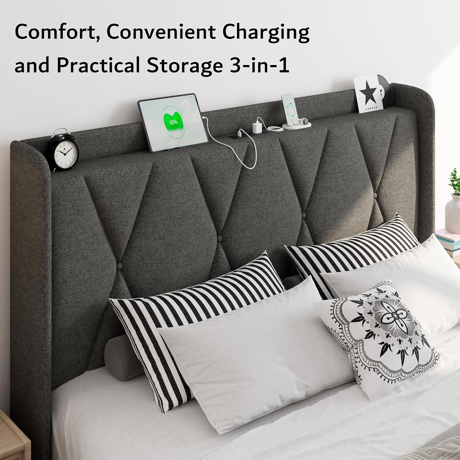 iPormis Queen Bed Frame with 4 Storage Drawers, Upholstered Platform Bed Frame with Charging Station, Modern Wingback Storage Headboard, Easy Assembly, Dark Grey