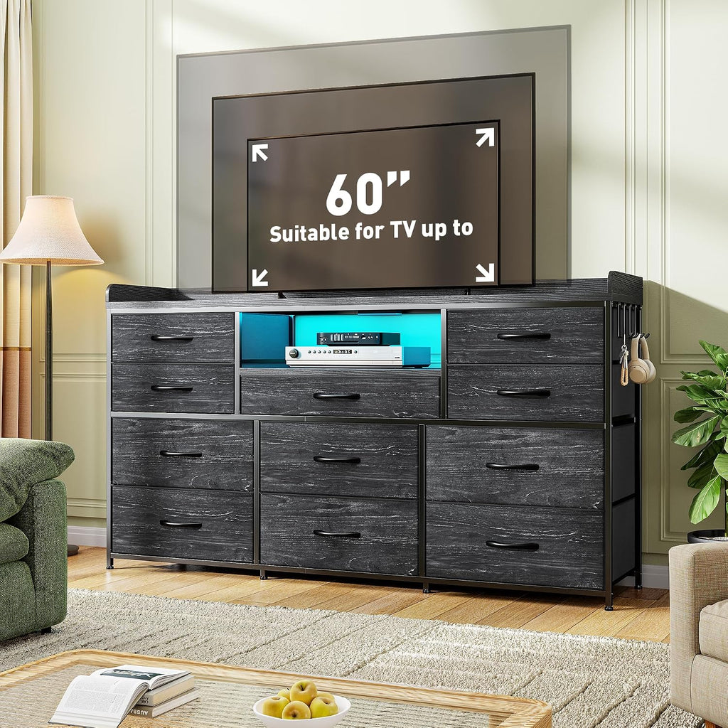 Black Dresser for Bedroom with LED Lights & Charging Station & 4 Hooks 11 Drawer Dressers & Chests of Drawers Long Fabric Dresser TV Stand for 50 55 60 inch TV for Entryway 11.8'D x 47.2'W x 31.5'H