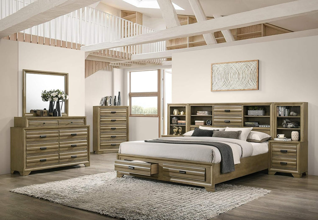 Roundhill Furniture Loiret Storage Platform King WallBed with Dresser and Mirror, Chest, Light Gray