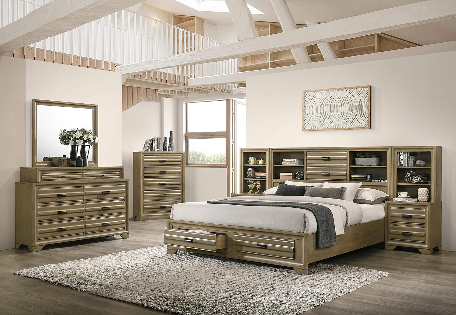 Roundhill Furniture Loiret Storage Platform King WallBed with Dresser and Mirror, Chest, Light Gray
