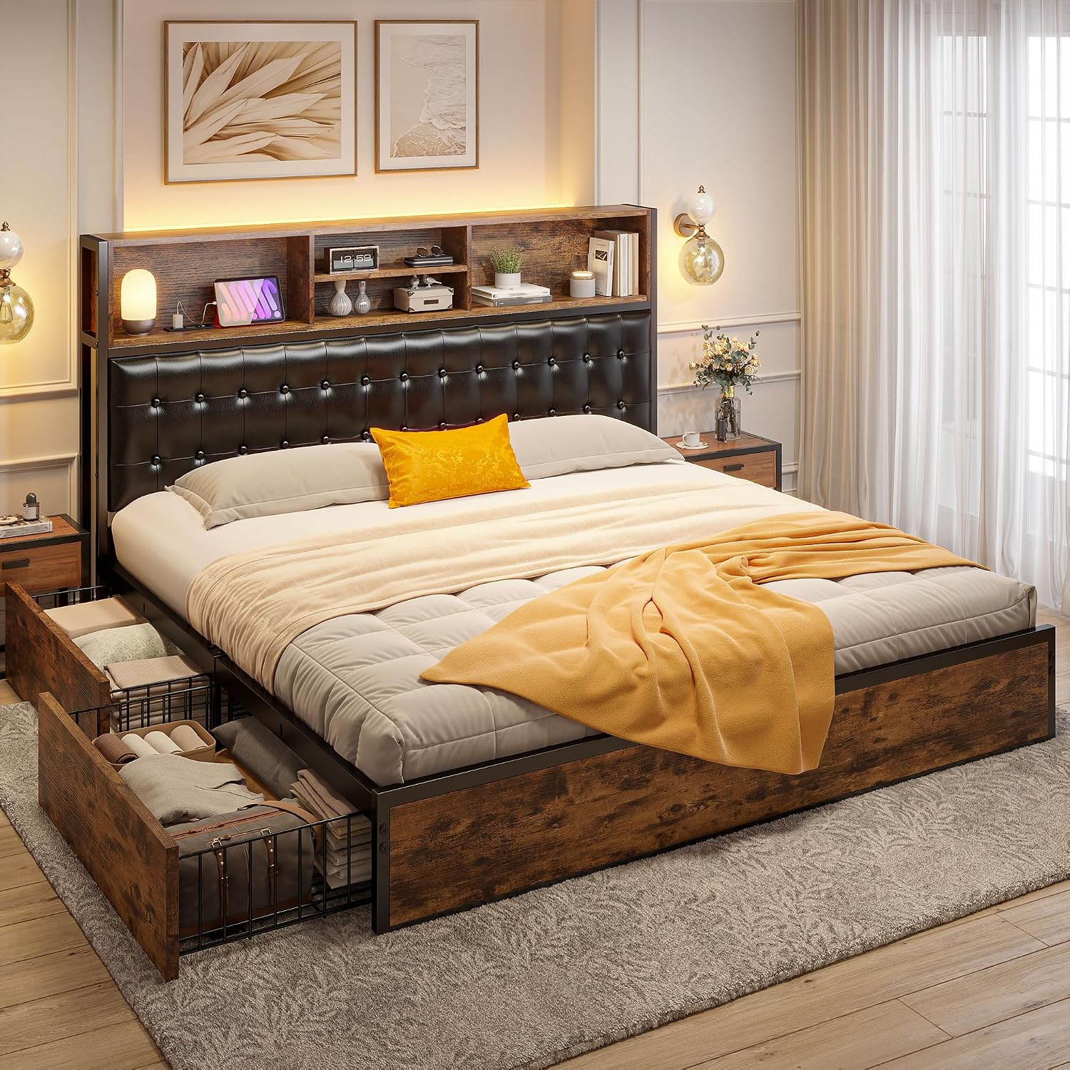 EnHomee King Size Bed Frame with 4 Storage Drawers, King Bed Frame and Headboard with Built in Charging Station,No Noise,No Box Spring Needed,Vintage Brown