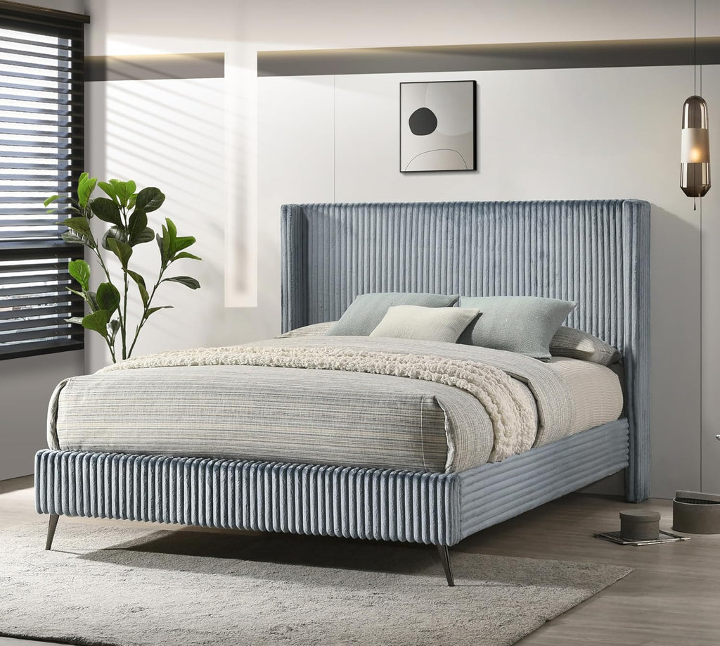 Roundhill Furniture Mavela Wide Wale Corduroy Upholstery Panel Queen Bed with 2 Nightstands and Bench, Blue