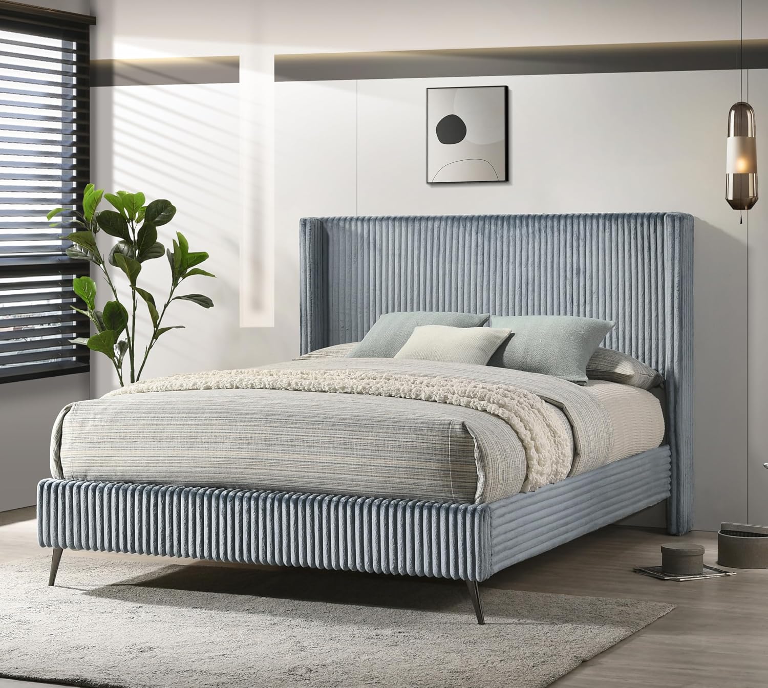 Roundhill Furniture Mavela Wide Wale Corduroy Upholstery Panel Queen Bed with 2 Nightstands and Bench, Blue