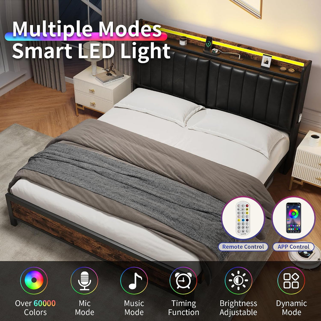 Full Size Bed Frame with Adjustable Backrest Hidden Storage Headboard, PU Leather Upholstered Full Bed Frame with Charging Station and LED Lights, Heavy Duty, No Box Spring Needed, Black&Brown