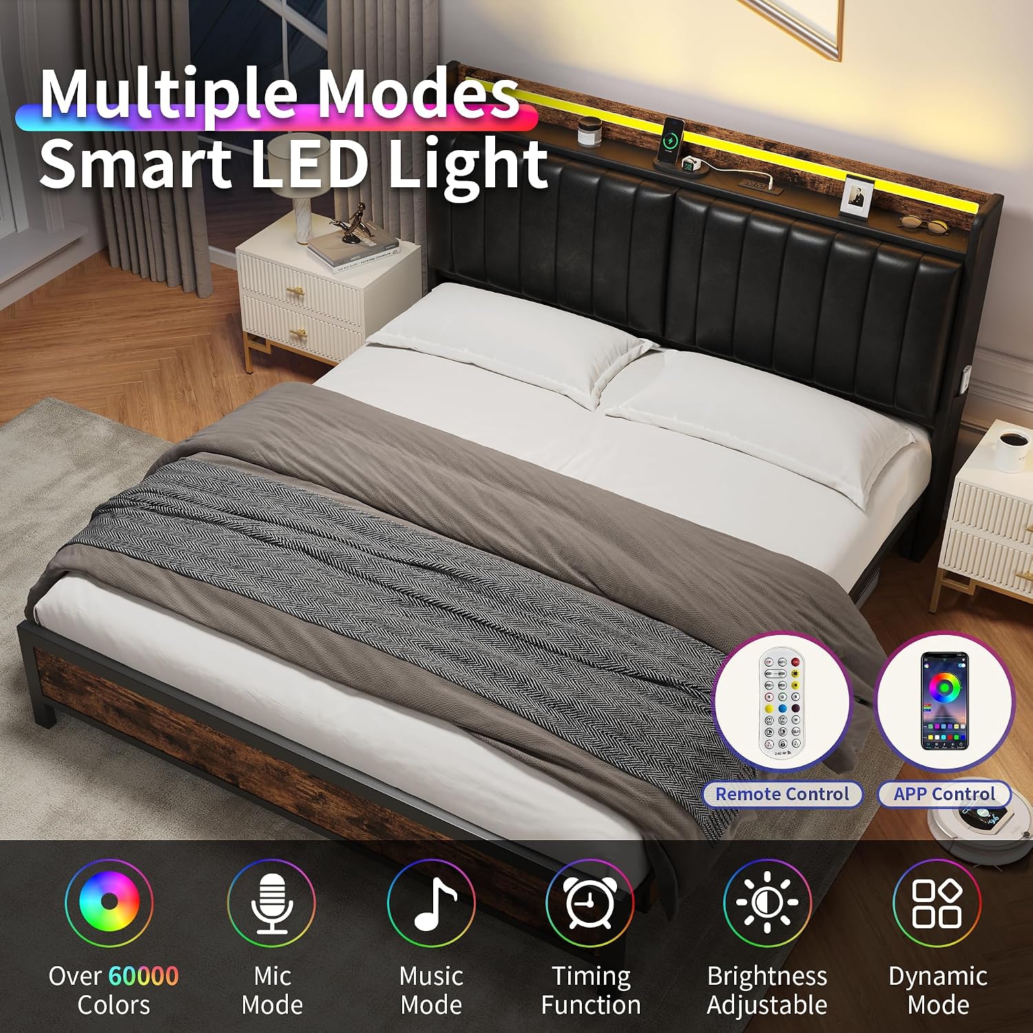 Full Size Bed Frame with Adjustable Backrest Hidden Storage Headboard, PU Leather Upholstered Full Bed Frame with Charging Station and LED Lights, Heavy Duty, No Box Spring Needed, Black&Brown