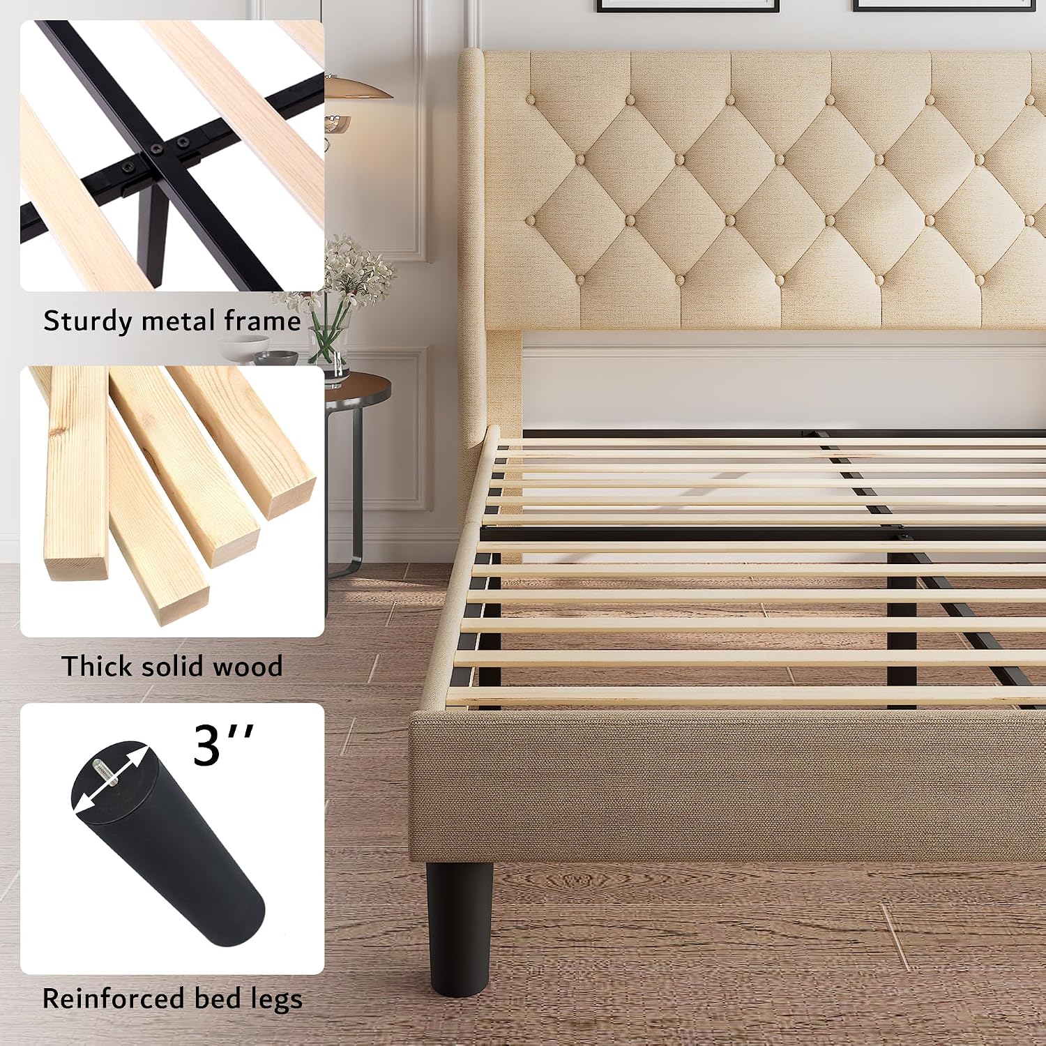 iPormis Queen Platform Bed Frame with Button Tufted Headboard, Upholstered Bed Frame with Solid Wooden Slats, 8' Under-Bed Space, No Box Spring Needed, Easy Assembly, Noise Free, Beige