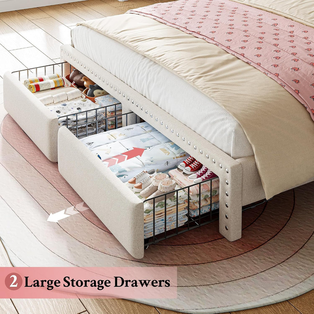 EnHomee Full Size Upholstered Bed Frame with 2 Storage Drawers and 2-Tier Headboard, Vertical Tufted Headboard Design, Extra Storage Space for Bedroom Apartment, Beige