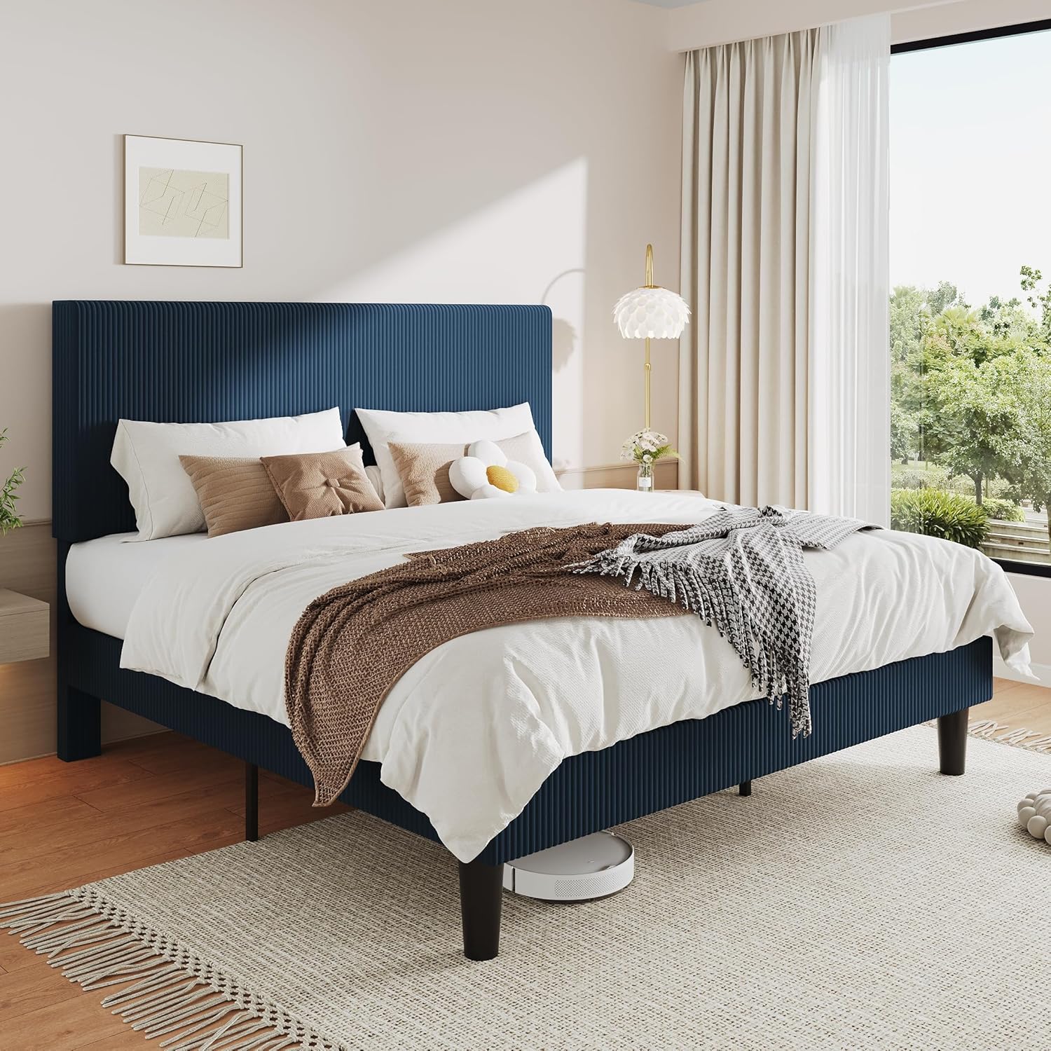 Allewie King Size Upholstered Bed Frame with Vertical Channel Tufted Headboard, Soft Corduroy Fabric Platform Bed, Strong Wooden Slats Support, Easy Assembly, No Box Spring Needed, Dark Blue