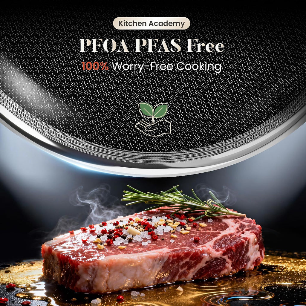 Kitchen Academy 6Pcs 18/10 Stainless Steel Frying Pan Set, 3-Ply 8/10/12 Inch Induction Ready Skillet with Lids, Dishwasher & Oven Safe, PFOA and PFAS Free