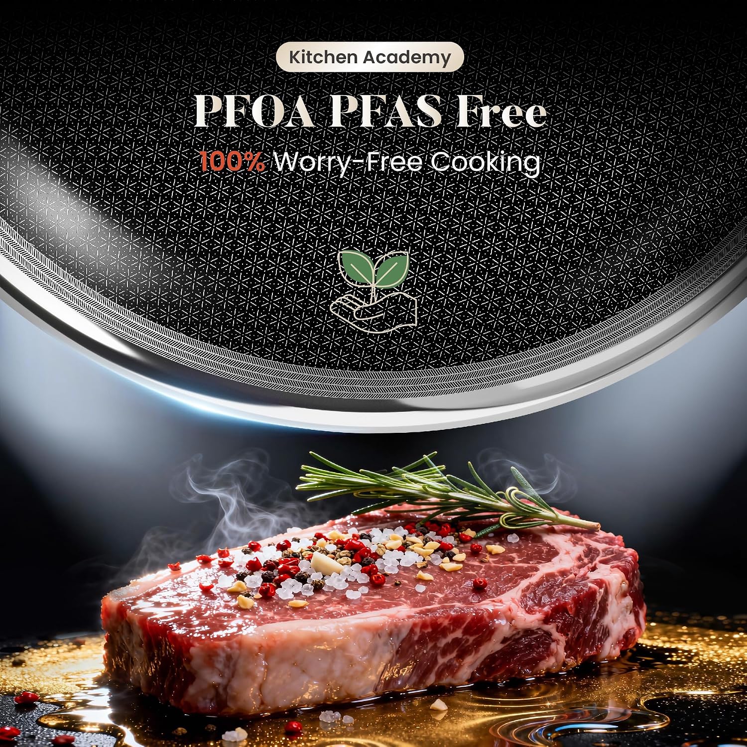 Kitchen Academy 6Pcs 18/10 Stainless Steel Frying Pan Set, 3-Ply 8/10/12 Inch Induction Ready Skillet with Lids, Dishwasher & Oven Safe, PFOA and PFAS Free