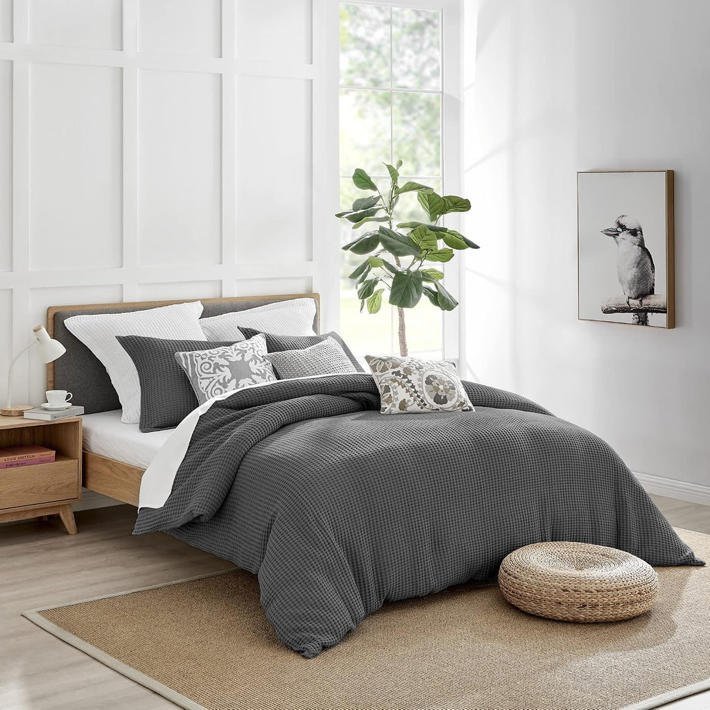 Levtex Home Mills Waffle Queen Duvet Cover Set (90x94in) with 2 Pillow Shams (26x20in) - Charcoal - 100% Cotton Queen Size Duvet Cover Set - Soft, Pre-Washed