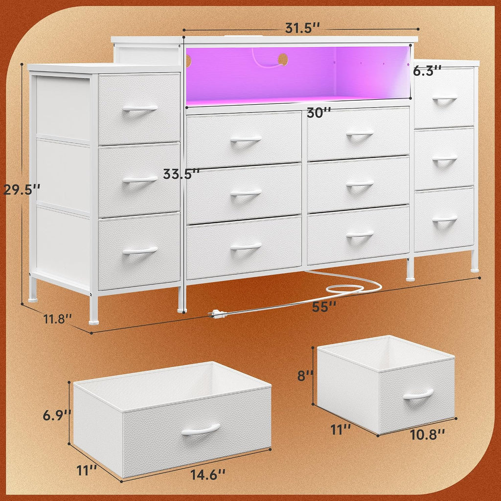 EnHomee 55' W Dresser for Bedroom with LED Lights & Charging Station 12 Drawer Dressers & Chests of Drawers Dresser TV Stand for Bedroom for Hanging 65' TV, Metal Frame & Fabric Drawers, White