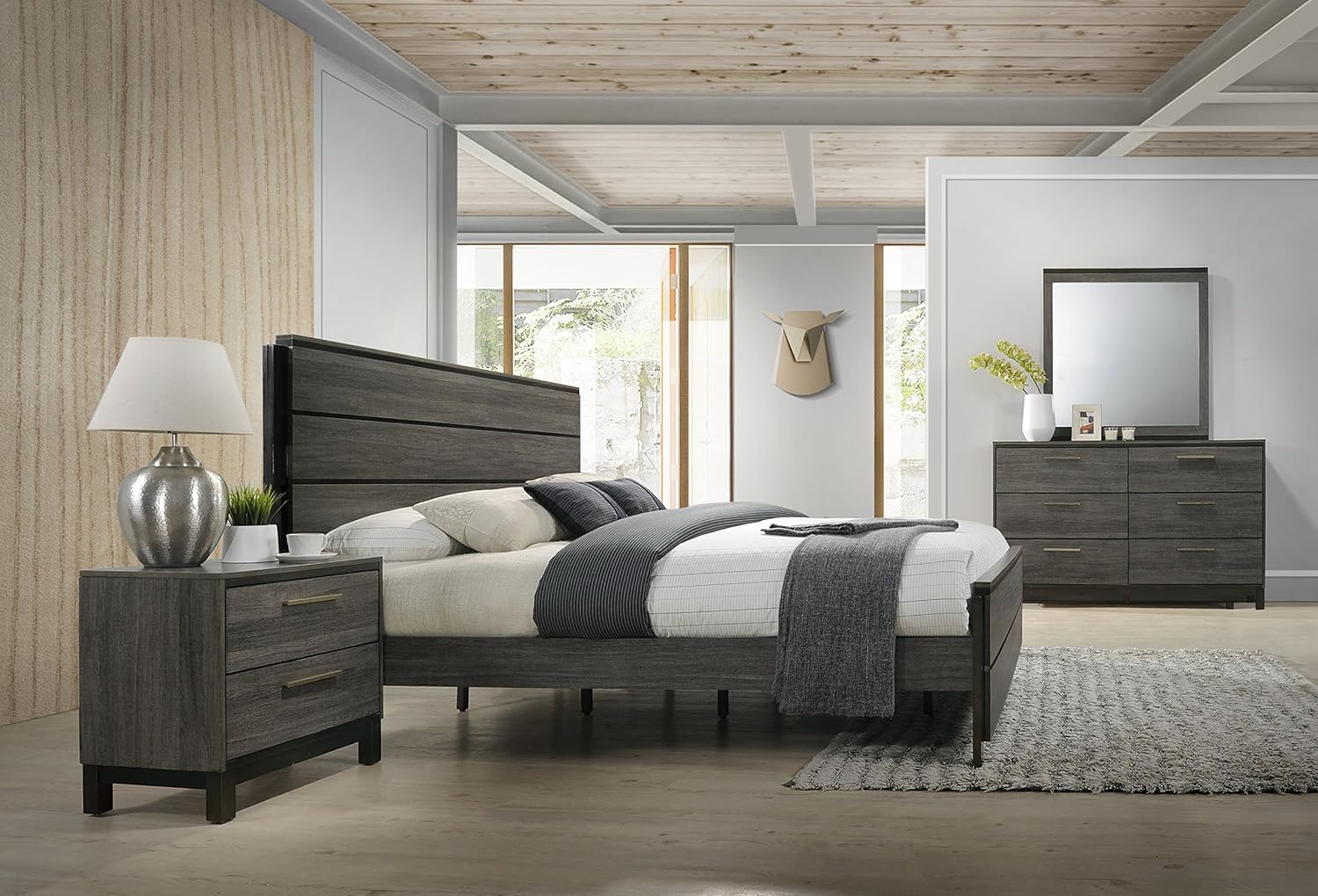 Roundhill Furniture Ioana Antique Grey Finish Wood Bed Room Set, King Size Bed, Dresser, Mirror, Night Stand