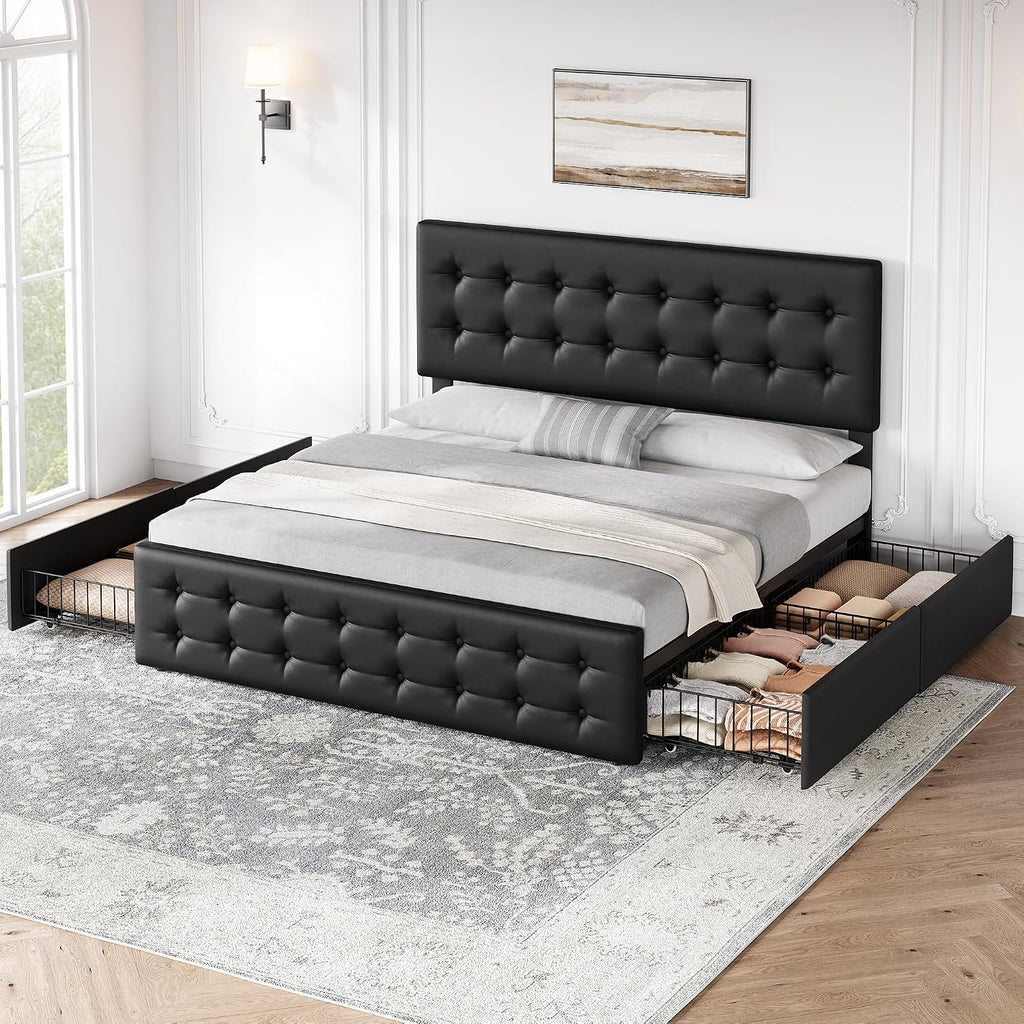 IDEALHOUSE King Size Bed Frame with 4 Storage Drawers and Headboard, Faux Leather Upholstered Platform Bed Frame with Wooden Slats Support, Button Tufted Design, No Box Spring Needed, Black