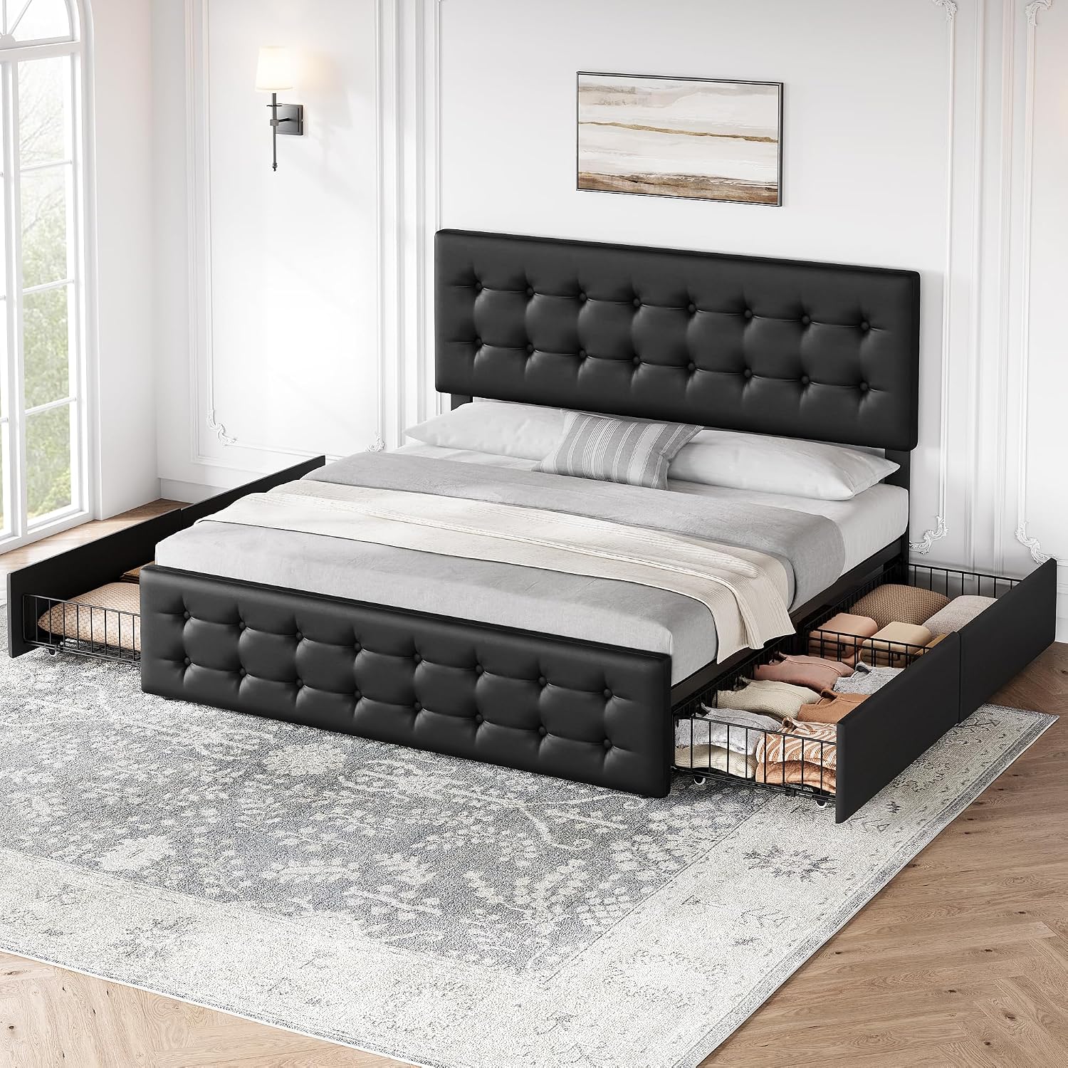 IDEALHOUSE King Size Bed Frame with 4 Storage Drawers and Headboard, Faux Leather Upholstered Platform Bed Frame with Wooden Slats Support, Button Tufted Design, No Box Spring Needed, Black