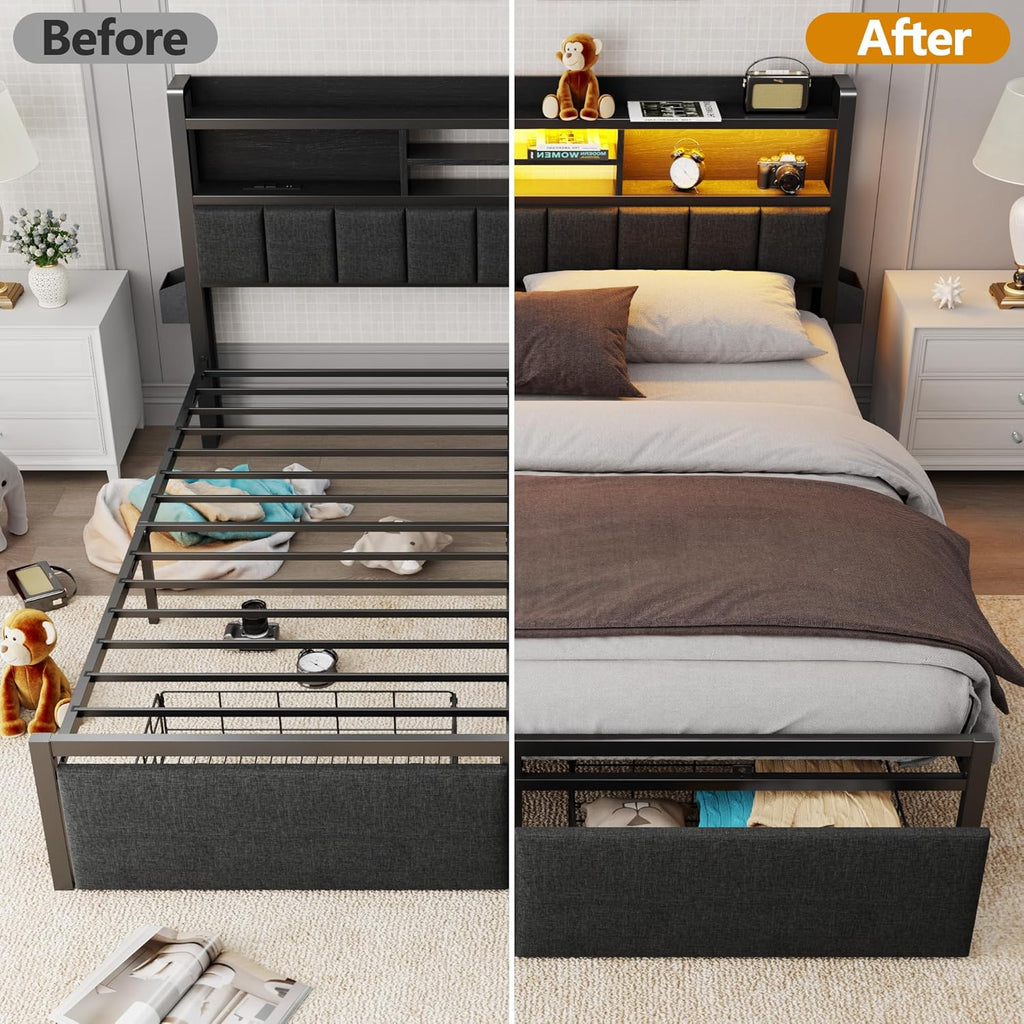 Furnulem King Bed Frame with Wood Headboard & Storage Drawers, Metal Platform Bed Frames King Size with LED Lights, Built in Charging Station, No Box Spring Needed, No Noise, Easy Assembly, Black