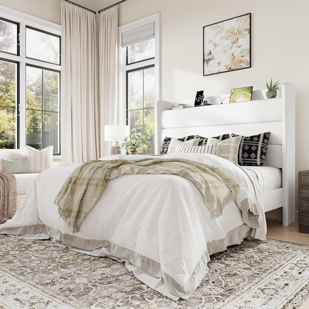 Allewie Full Size Upholstered Bed Frame with Charging Station & Storage Headboard, Soft Velvet Wingback Platform Bed, Strong Wooden Slats Support, No Box Spring Needed, Easy Assembly, White