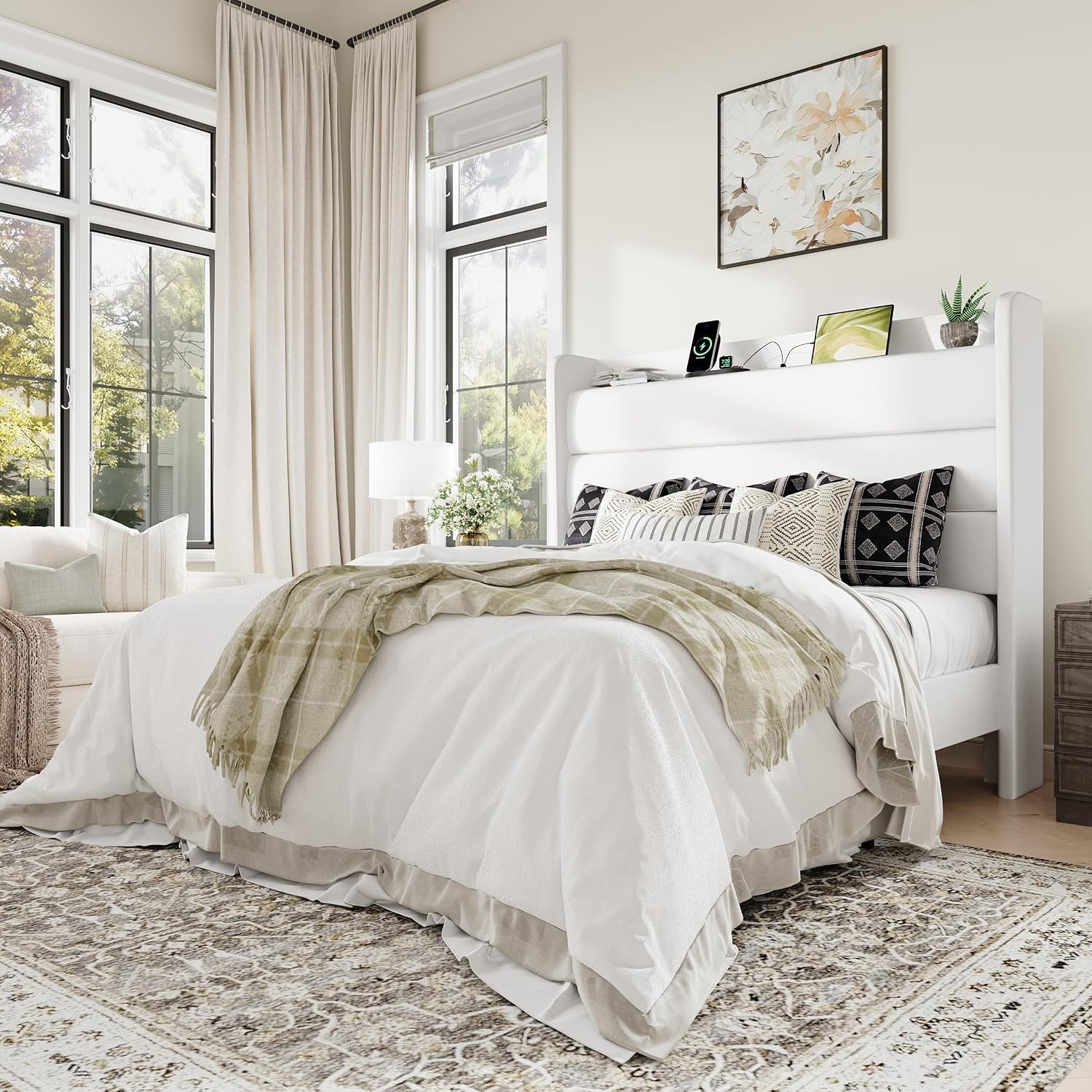 Allewie Full Size Upholstered Bed Frame with Charging Station & Storage Headboard, Soft Velvet Wingback Platform Bed, Strong Wooden Slats Support, No Box Spring Needed, Easy Assembly, White